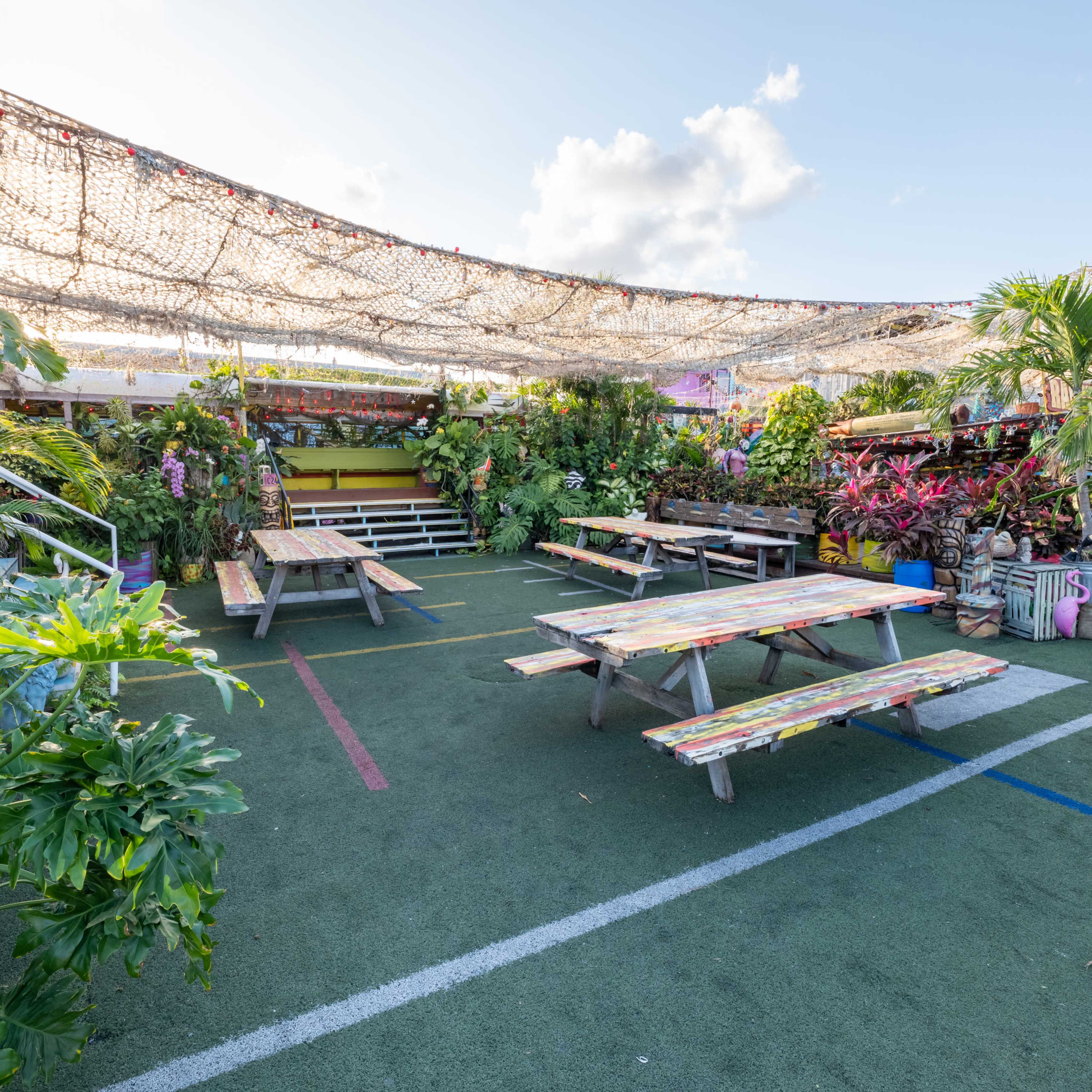 A lively outdoor space features colorful picnic tables surrounded by a variety of plants under a shaded canopy.