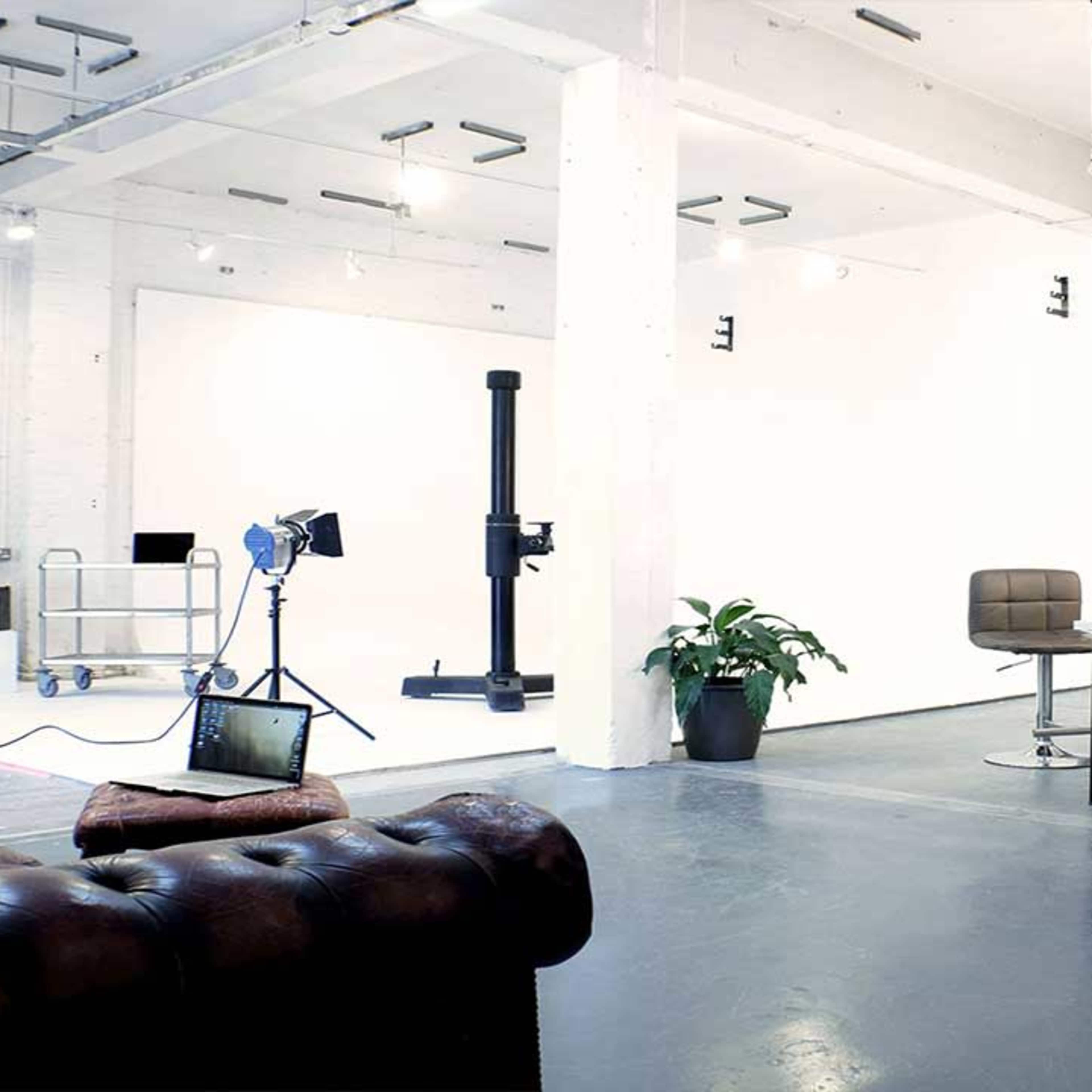 A spacious, modern interior featuring a brick wall, a brown leather sofa, a tall plant, a wooden credenza, and studio lighting equipment.