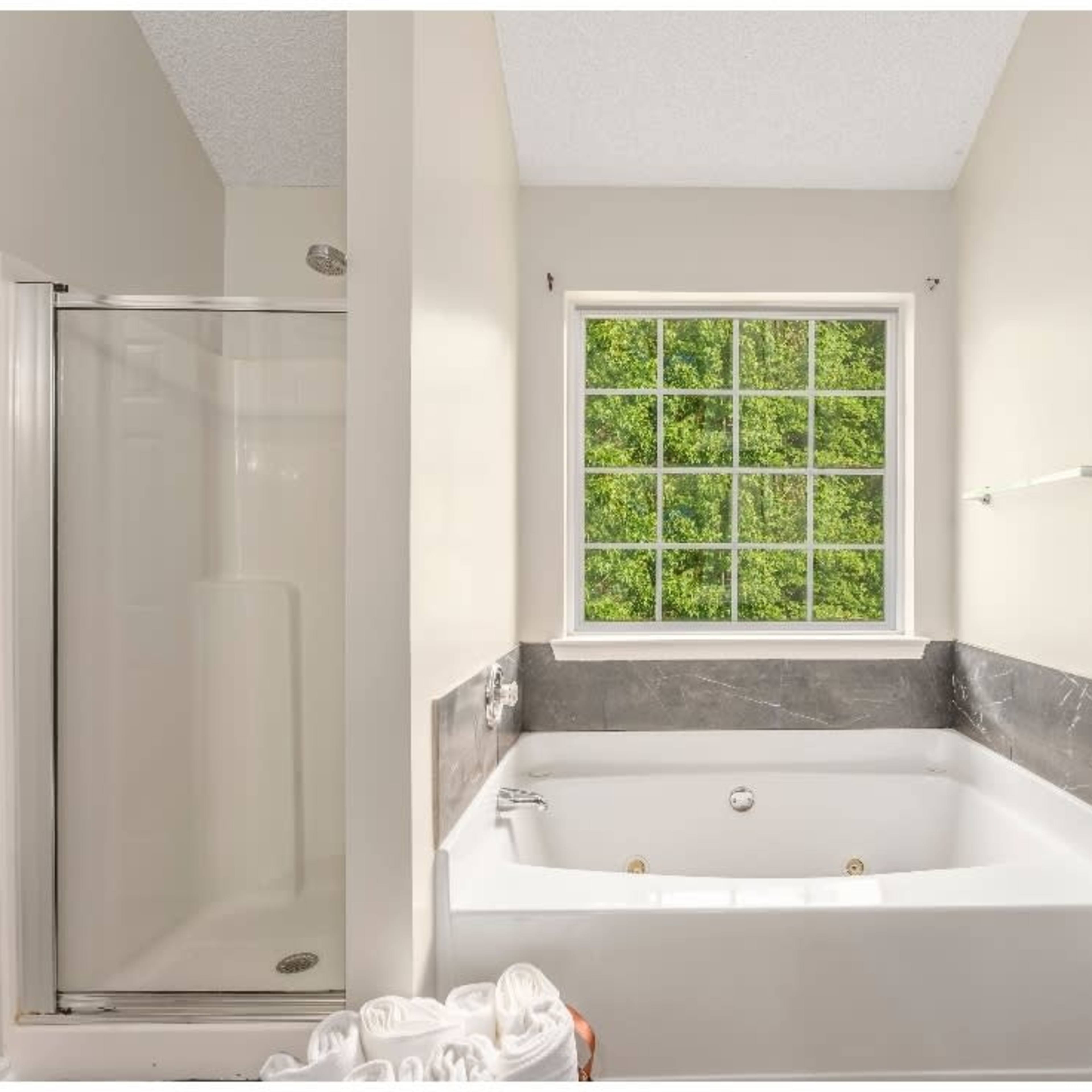 A bathroom featuring a shower stall, a large bathtub, and a window with a view of greenery outside.