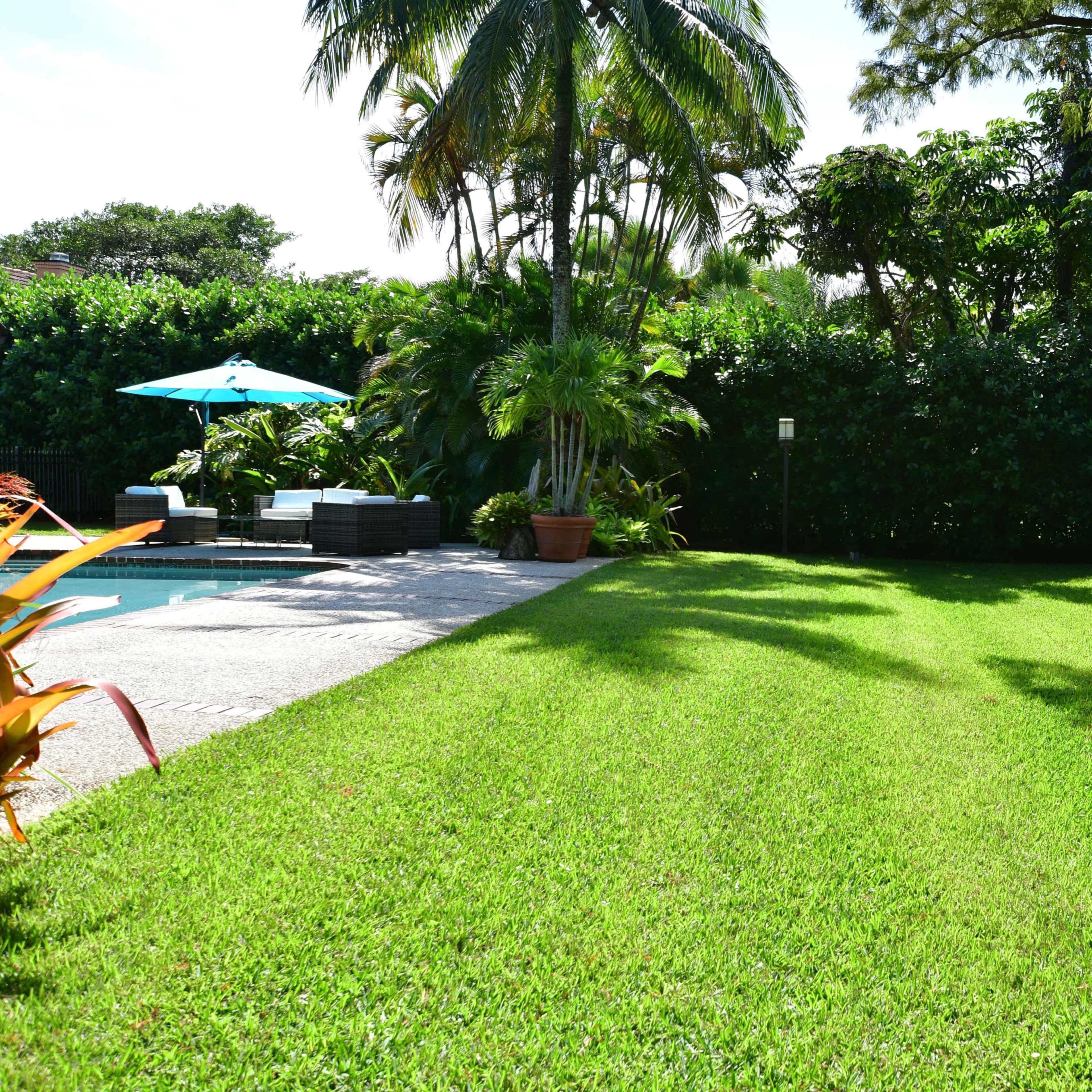 A well-manicured lawn stretches beside a swimming pool, flanked by tropical plants and a patio area with a blue umbrella.