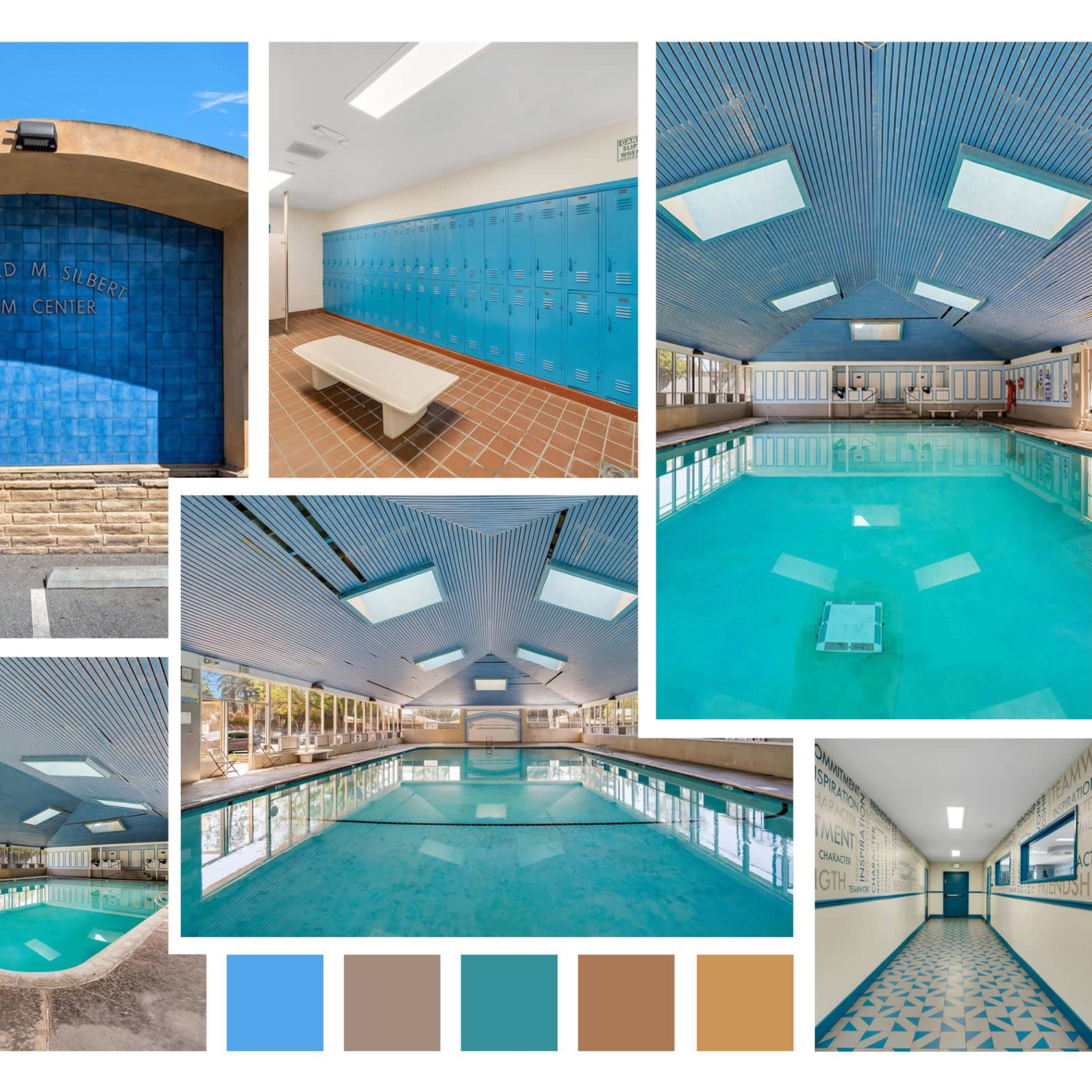 A collage of a swimming center, showcasing its entrance, classrooms, lockers, and various angles of the pool area.
