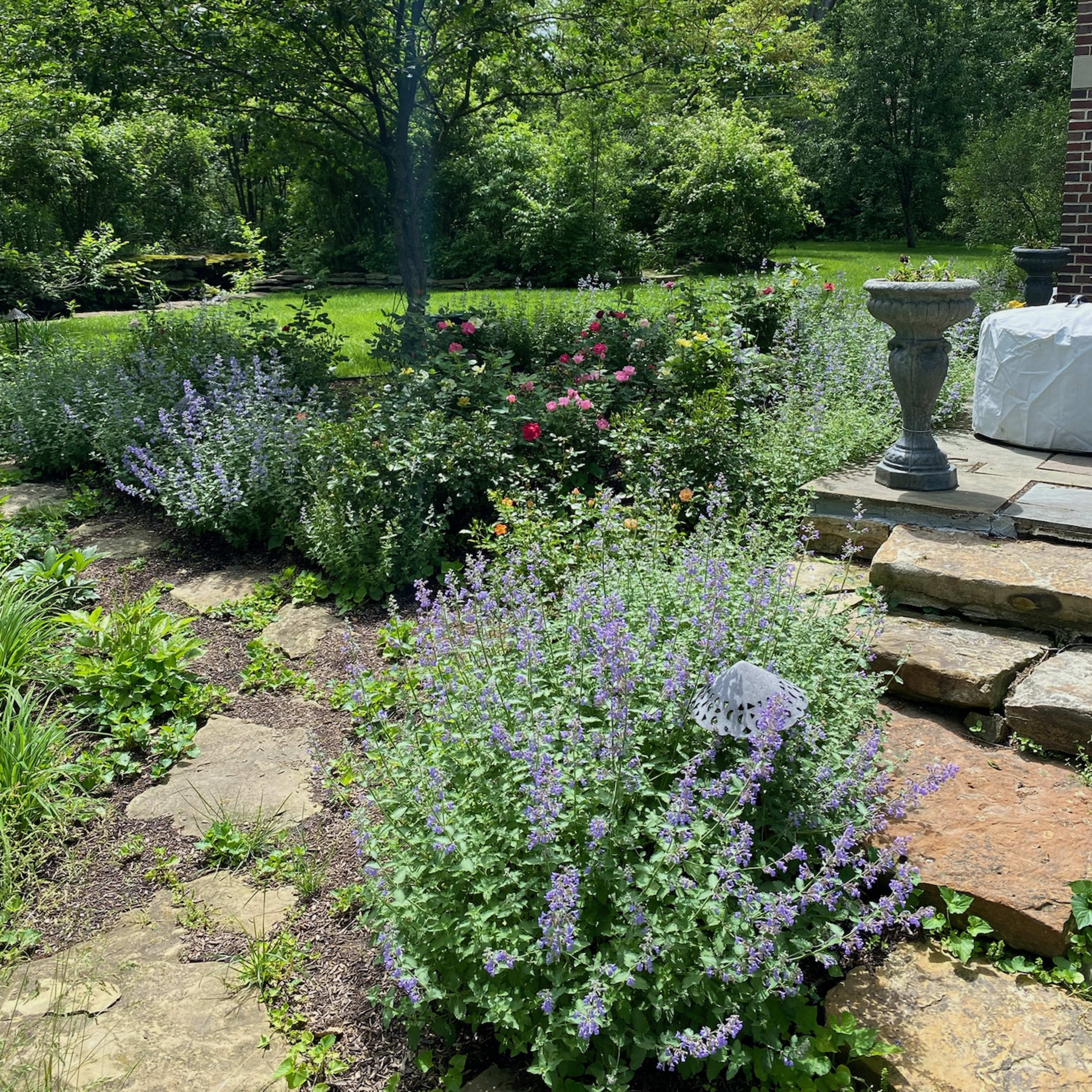 A garden area features a variety of flowering plants surrounded by stone pathways and a decorative urn, with trees and grass in the background.