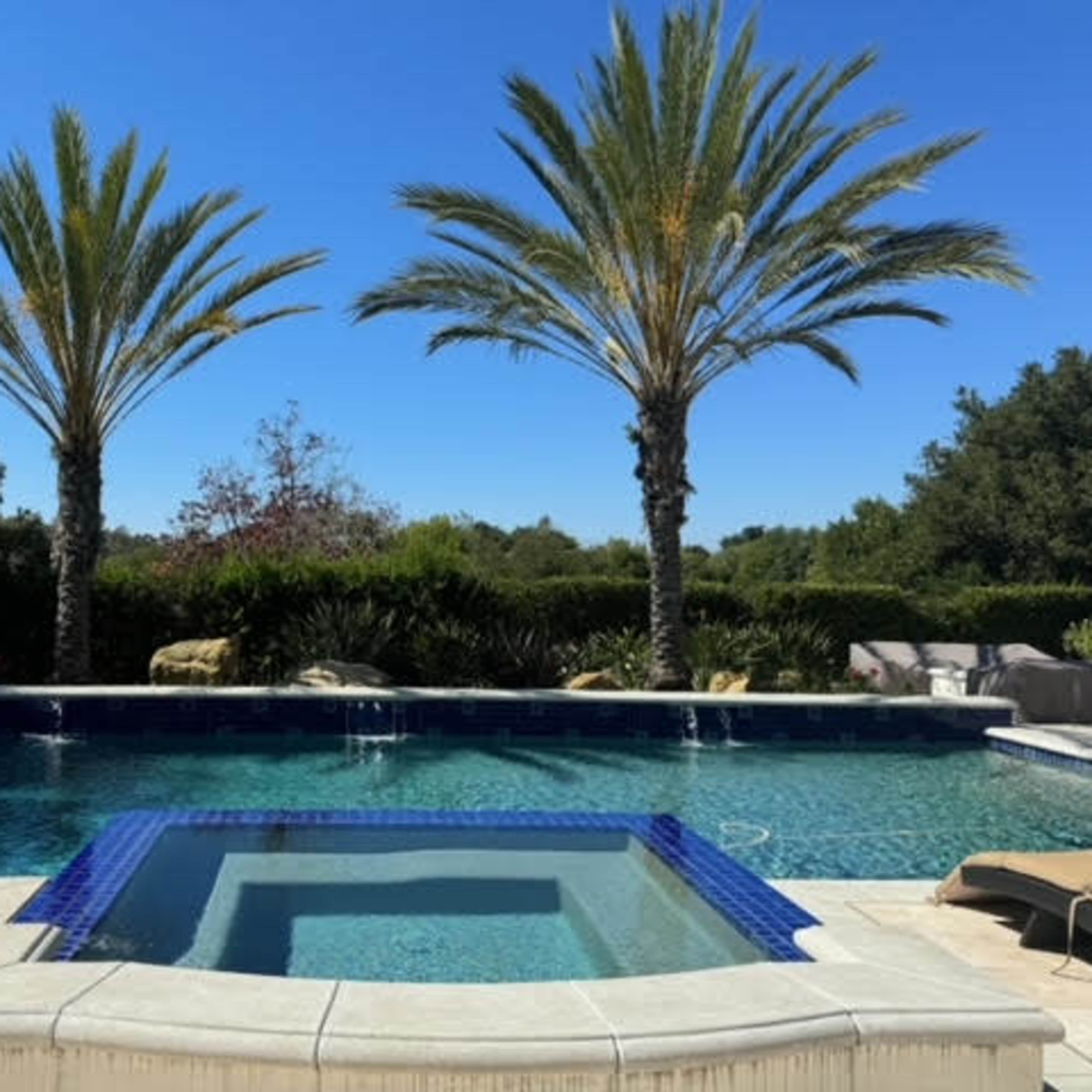 Mediterranean outdoor space with separate garden courtyard and backyard with a pool and spa.  It is surrounded by pal trees, olive trees, fruit trees, cypress trees.  Expansive and open back yard with endless views. Image in Turtle Rock, Irvine, CA