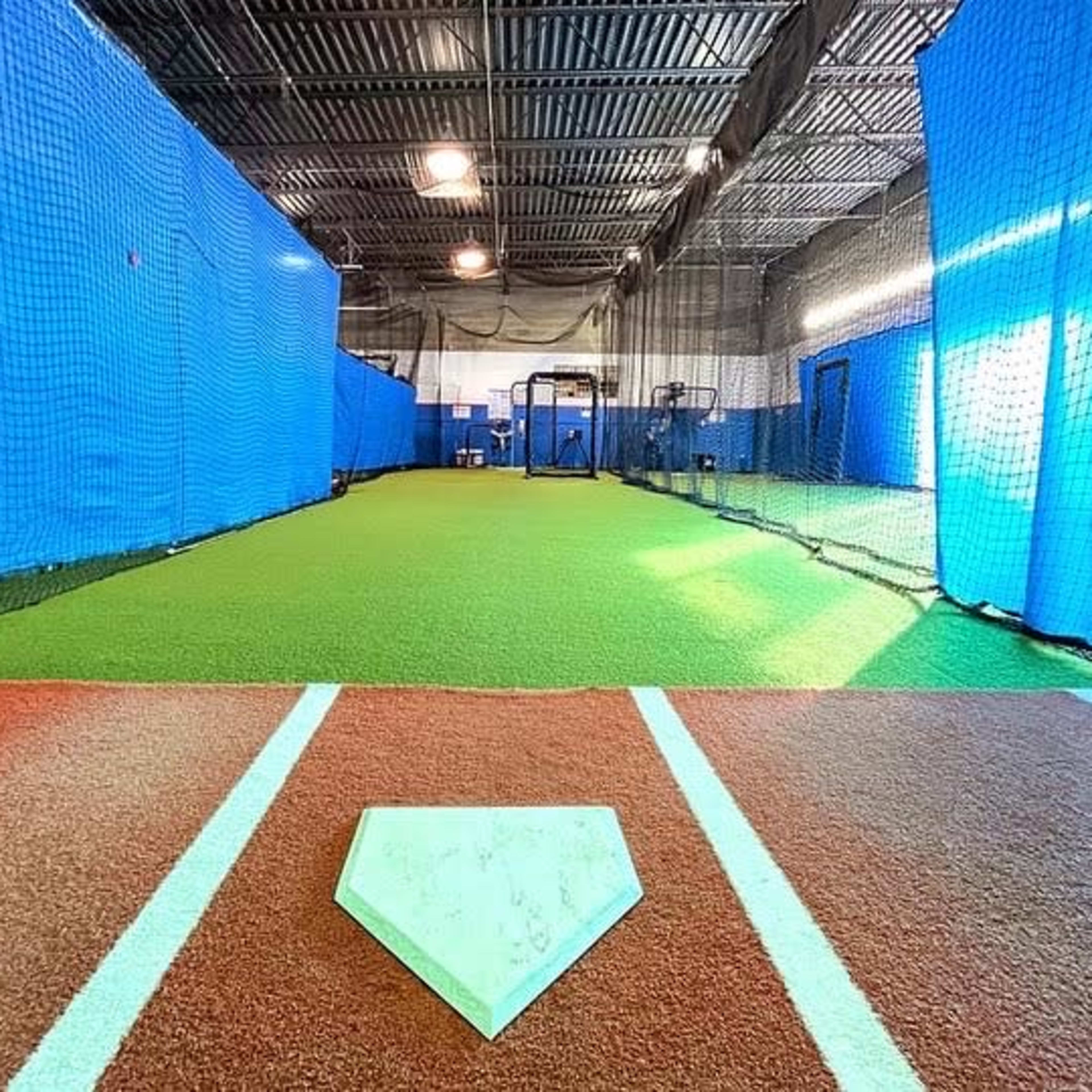 An indoor baseball batting cage with green turf and blue netting along the sides.