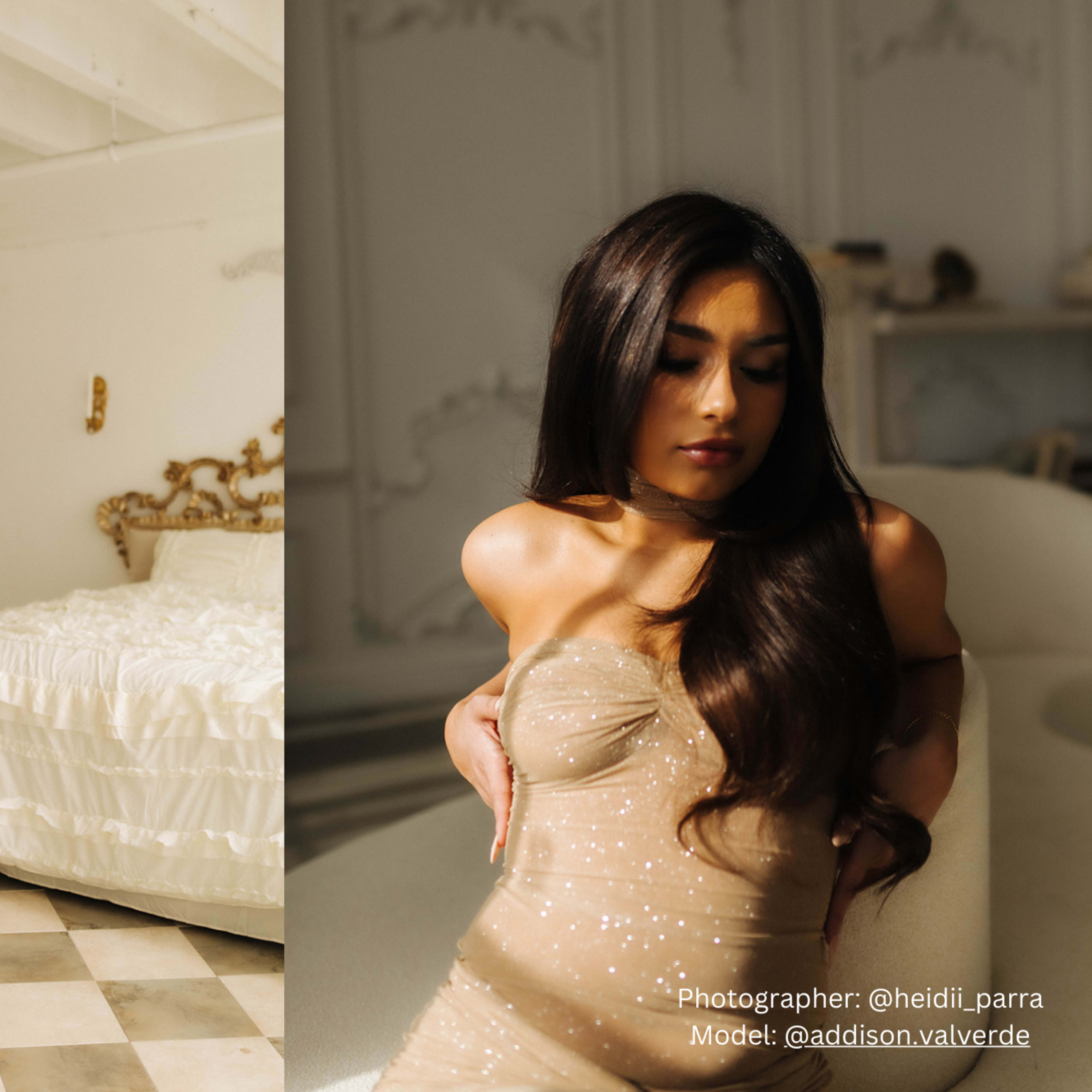 A woman posing in a white dress in a bright, elegantly decorated room with a bed and chandelier on one side, while the other side shows her in a fitted, sparkly gown with soft lighting.