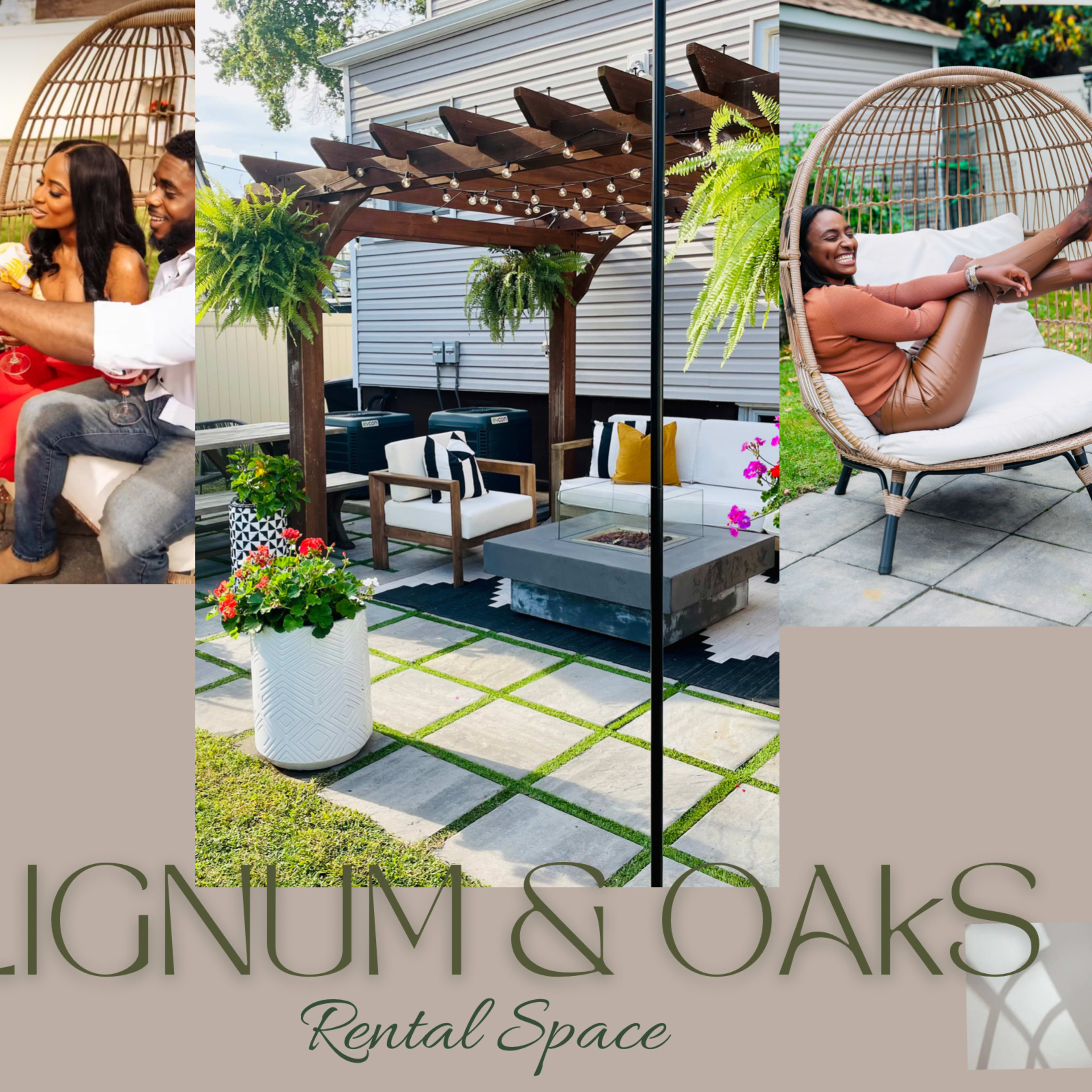 A stylish rental space with a cozy seating area, a hanging chair, and vibrant greenery, perfect for gatherings.