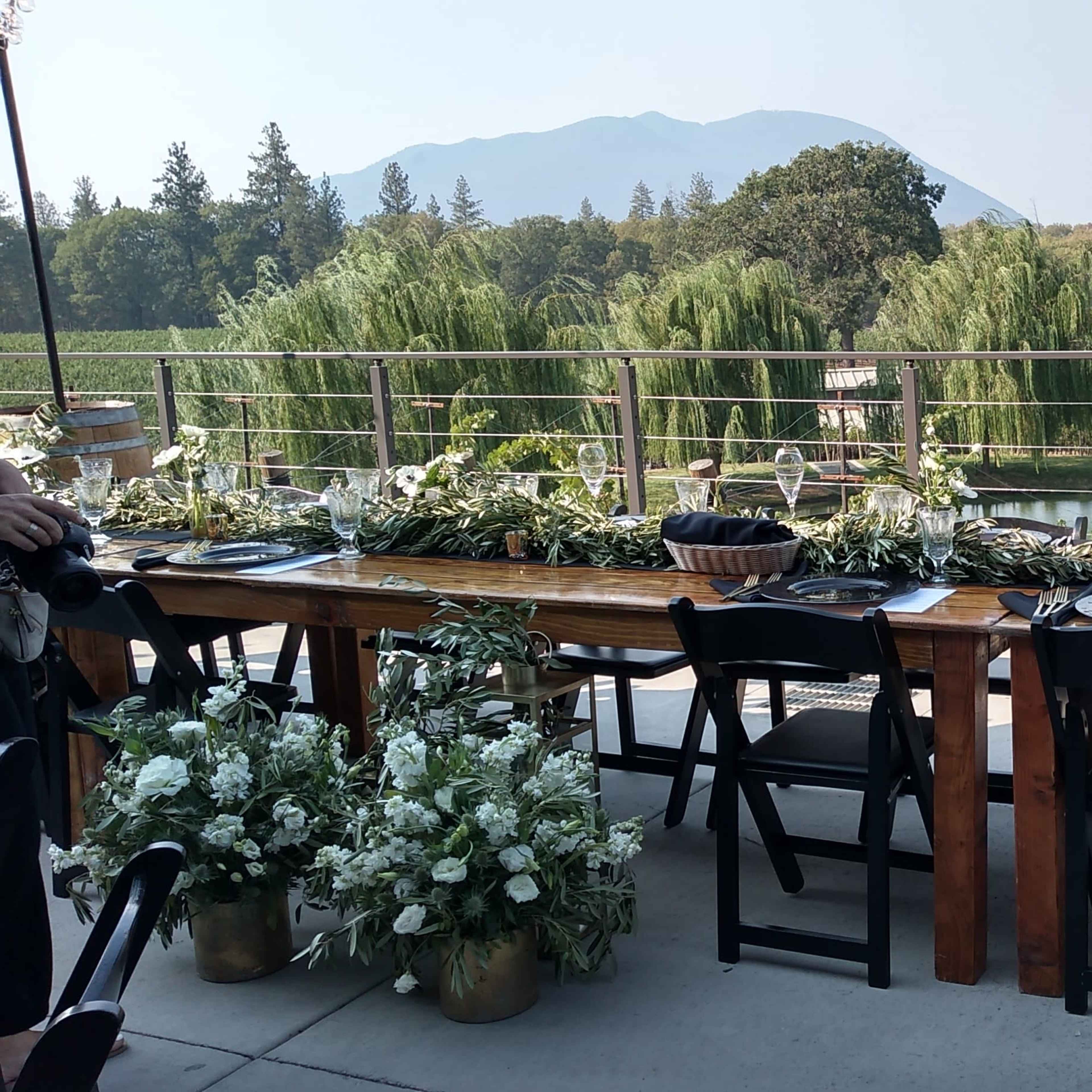 A long wooden table is elegantly set with plates and decorated with greenery, overlooking a tranquil landscape that includes a river and mountains.