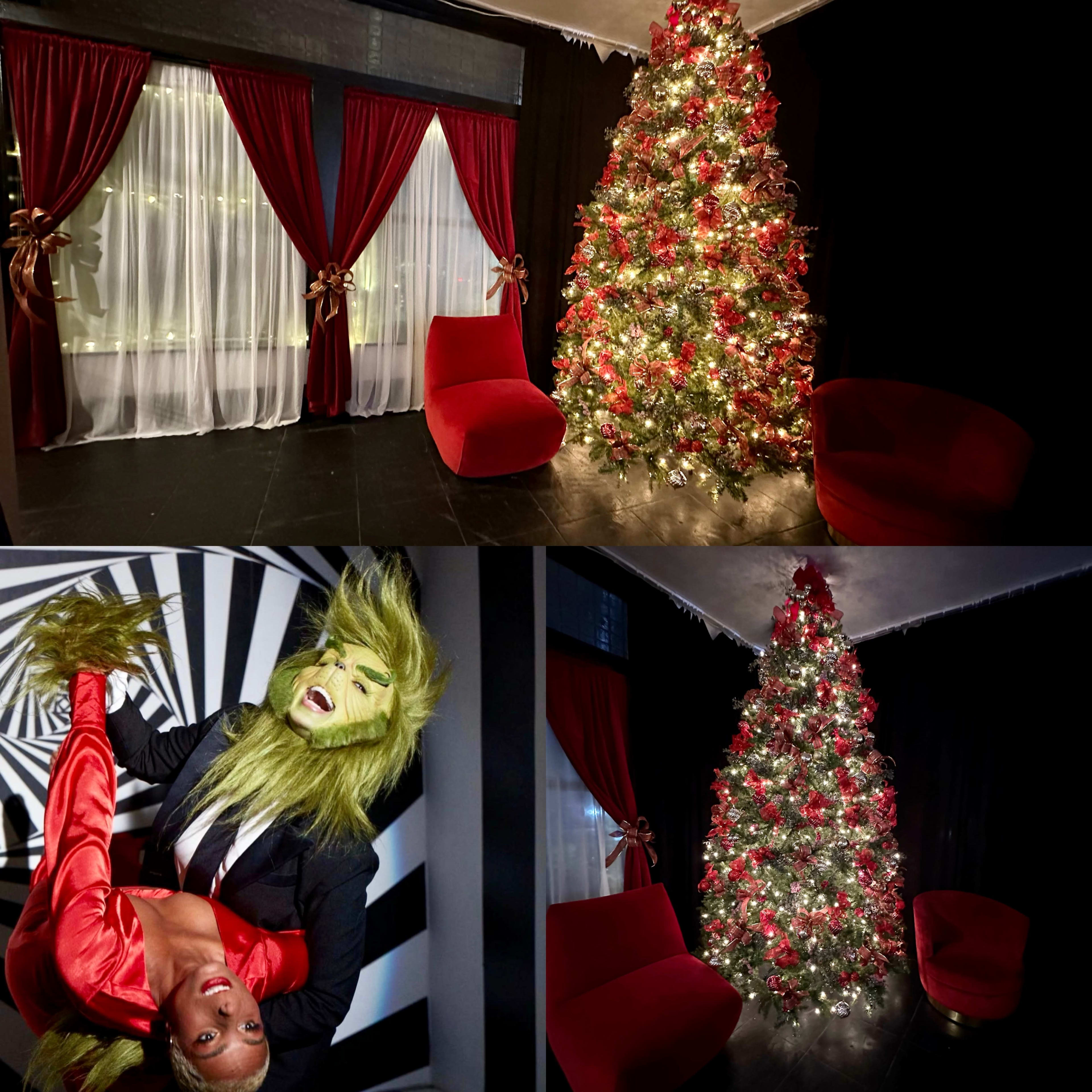 A decorated Christmas tree with red and white lights, flanked by two red chairs, along with a person in a Grinch costume holding another person in a red outfit.