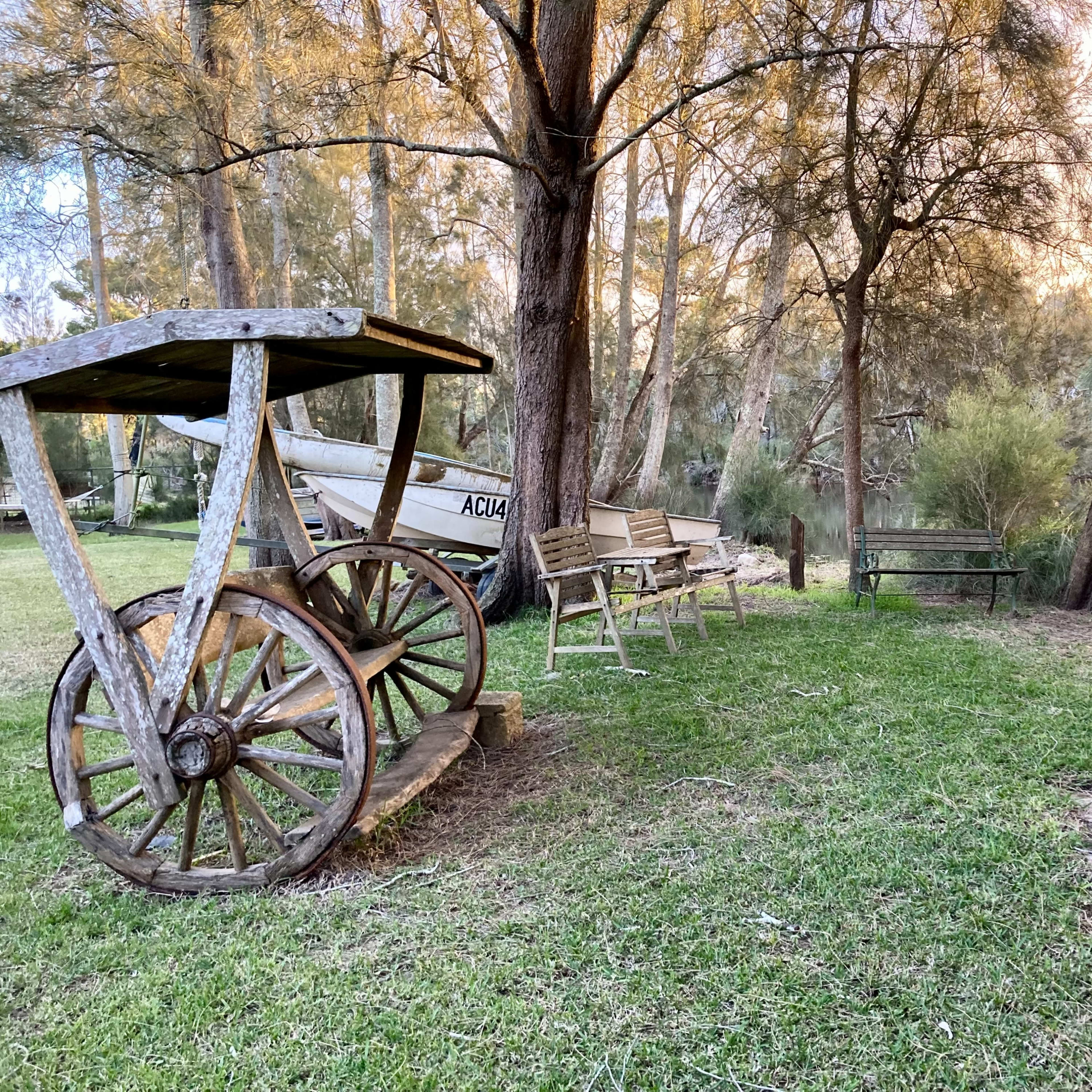 A wooden wagon sits on grass next to several benches beside a river, surrounded by trees.