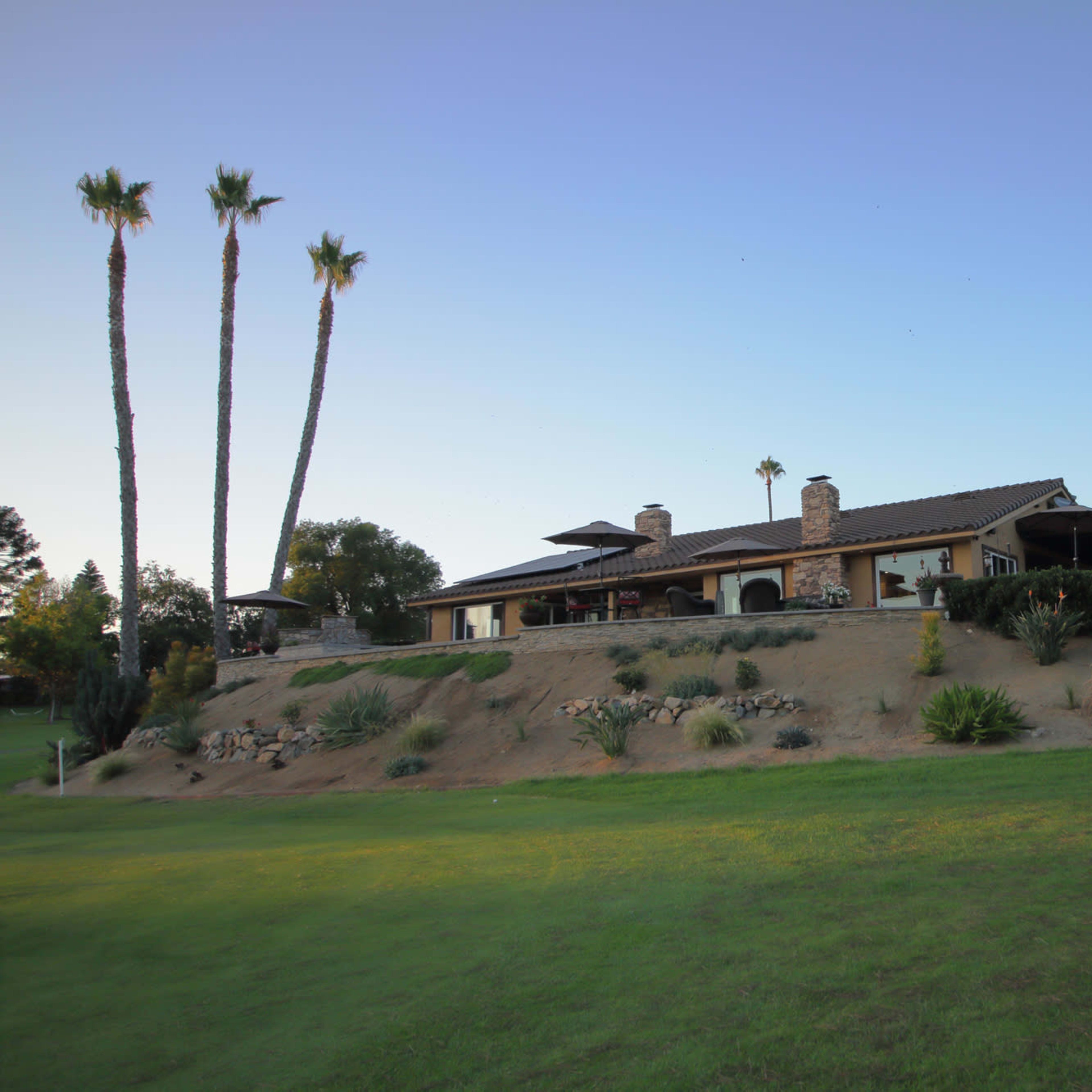 A large house sits on a hillside, surrounded by palm trees and landscaped gardens, with a clear sky above.