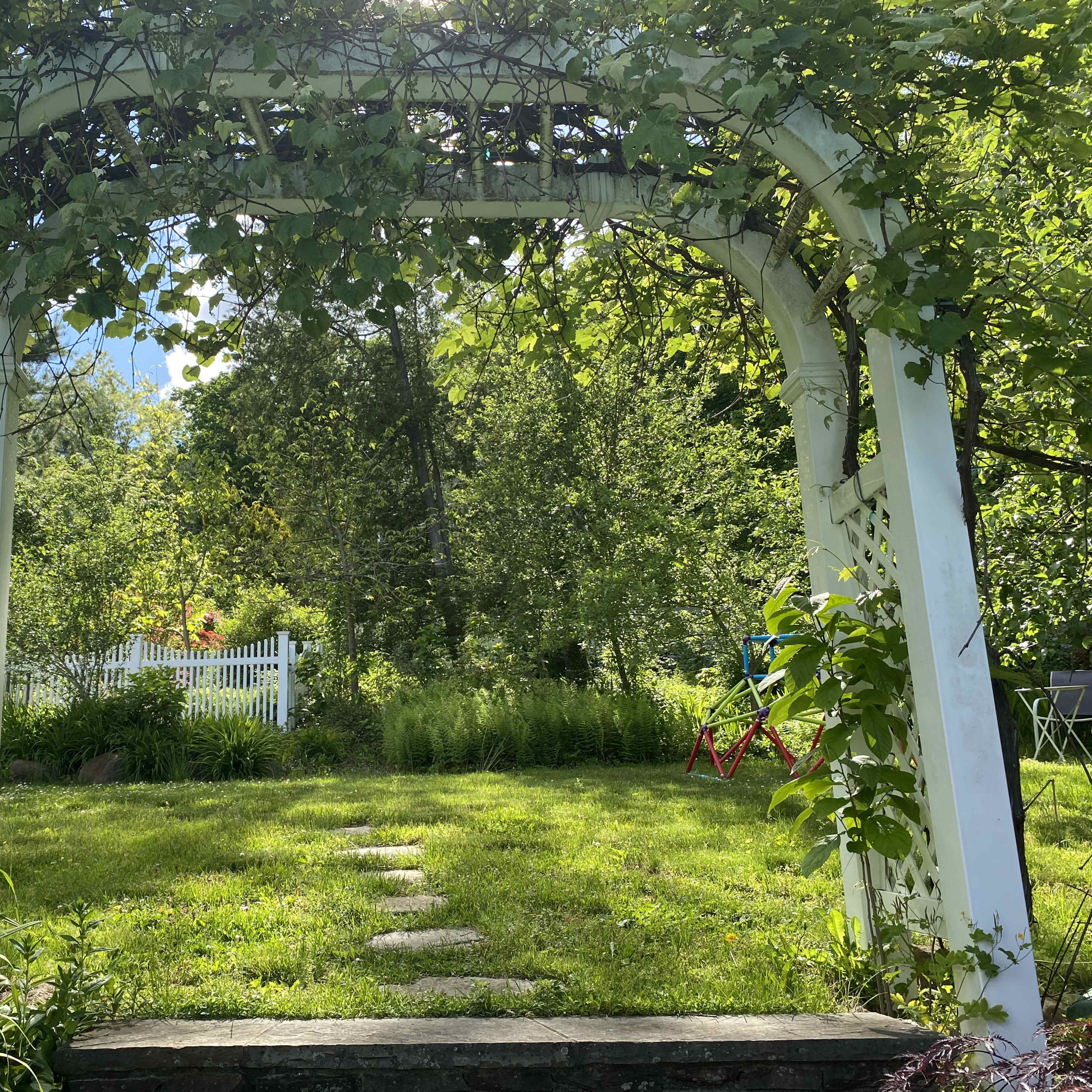 A white wooden arch covered in vines frames a grassy garden with a stone pathway and a white fence in the background.