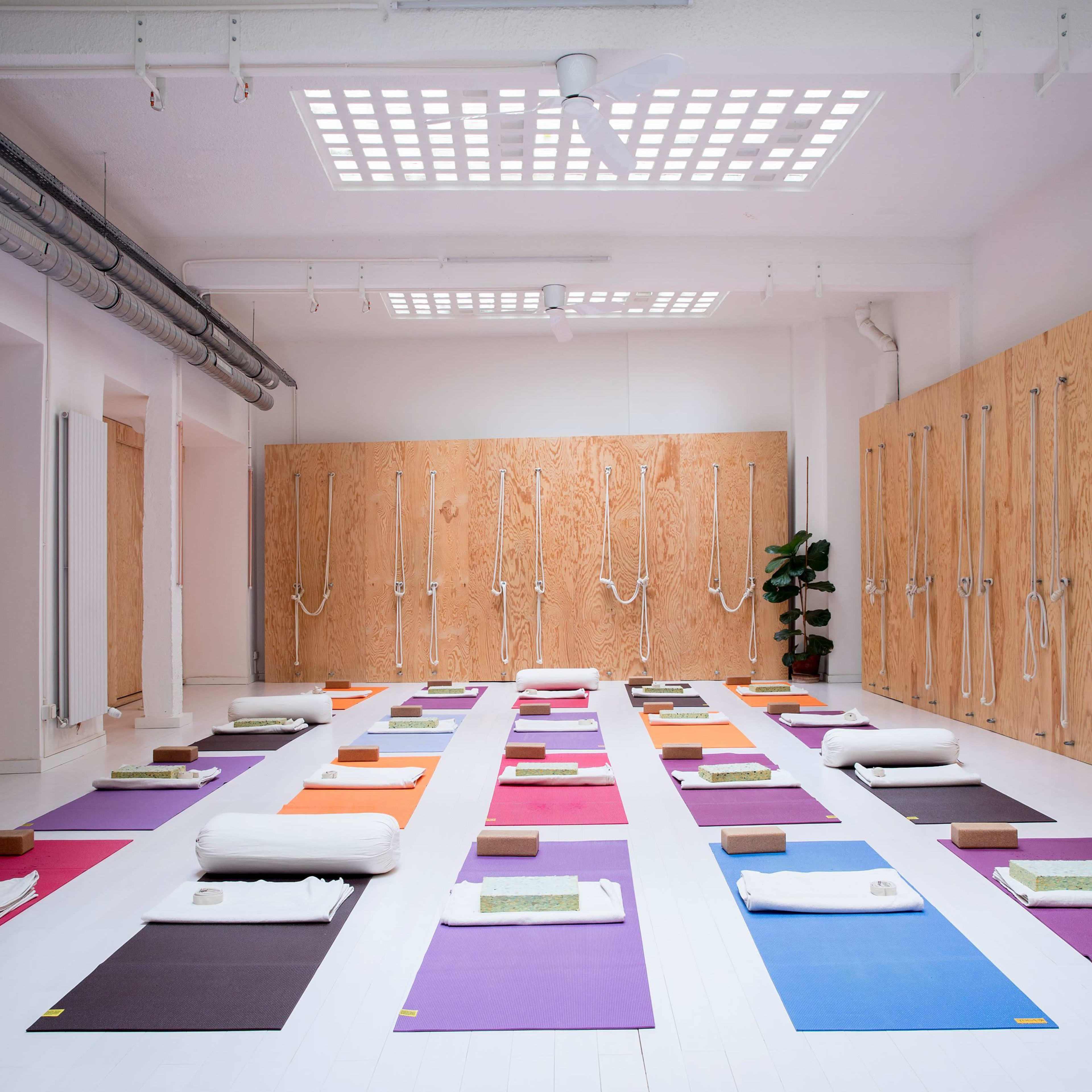 A bright yoga studio with neatly arranged mats of various colors, placed on a white floor, and wooden walls featuring ropes for support.