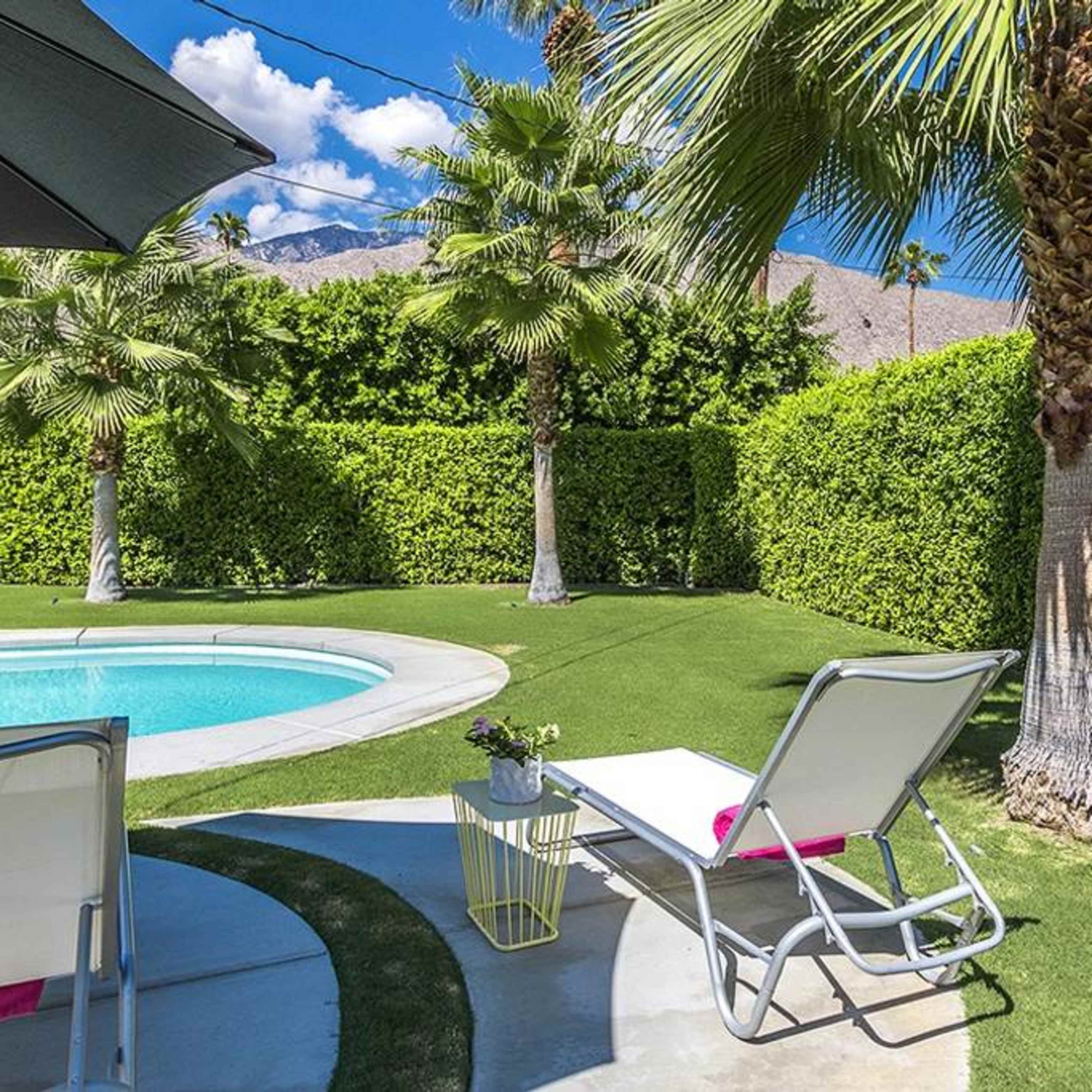 A poolside area features a lounge chair next to a circular pool, surrounded by palm trees and hedges against a clear blue sky.