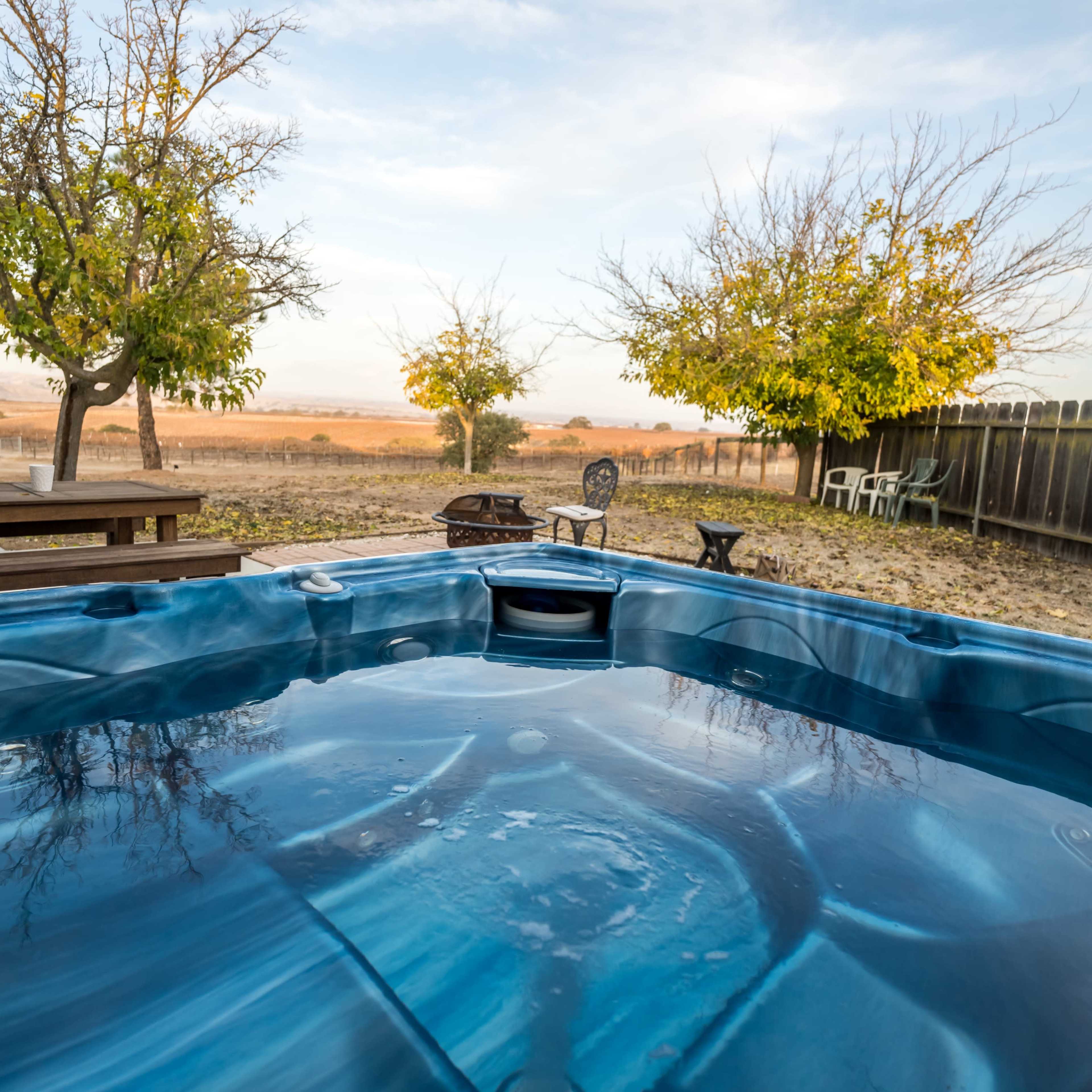 A hot tub is positioned on a patio surrounded by trees and a grassy area under a clear sky.