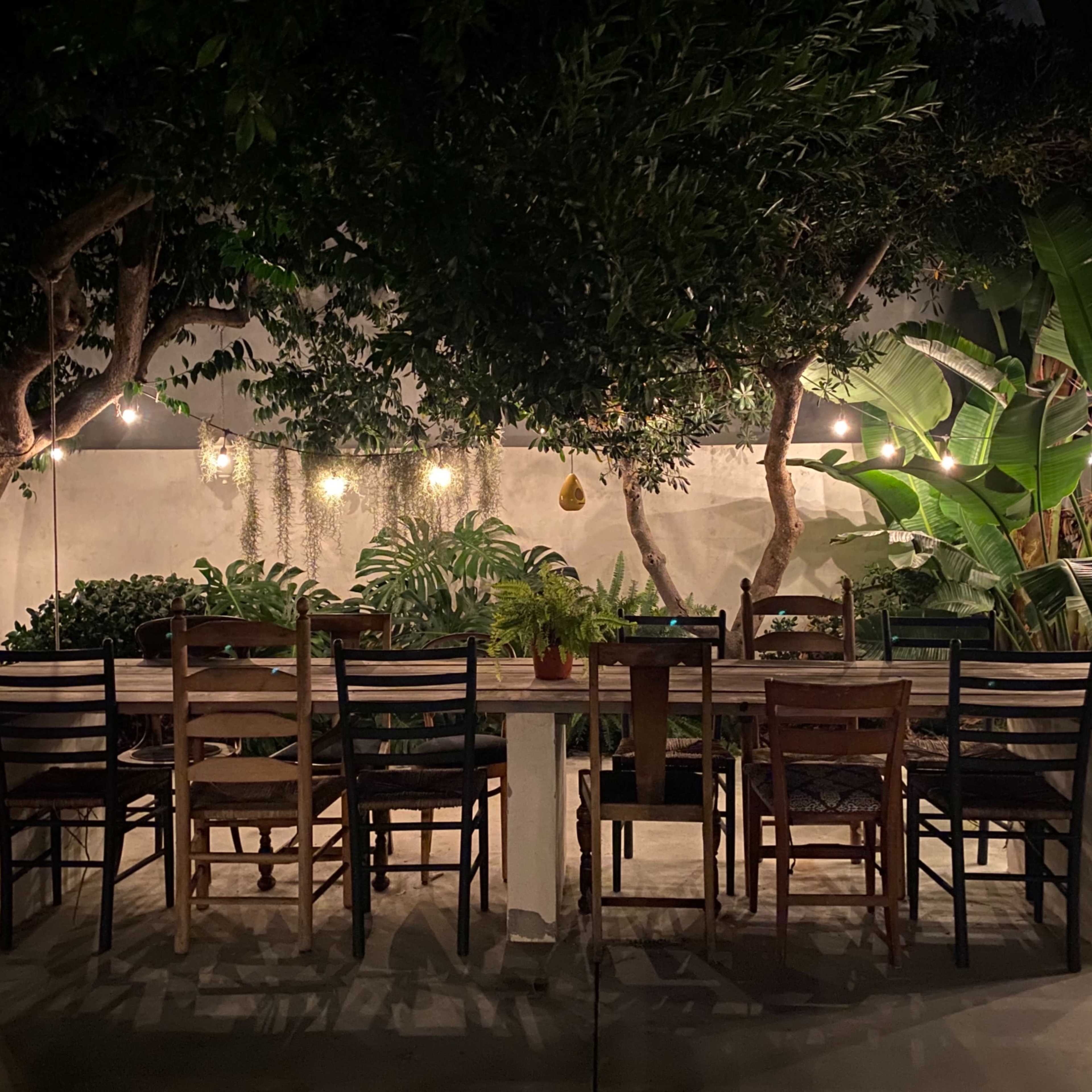 A long dining table with multiple chairs is set under string lights and surrounded by lush greenery.
