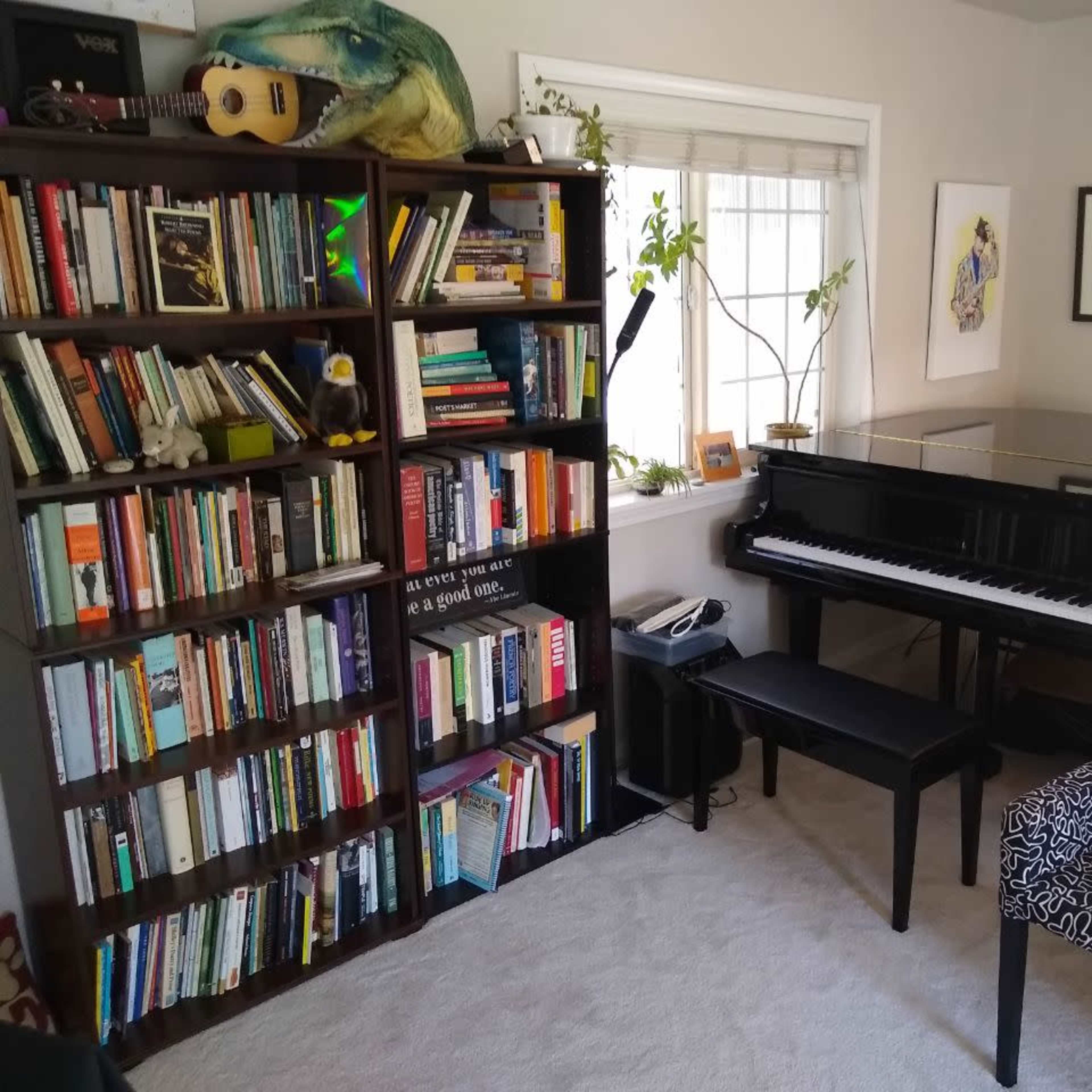 A corner of a room features a large bookcase filled with books, a black piano with a matching bench, and a patterned chair near a window with plants.