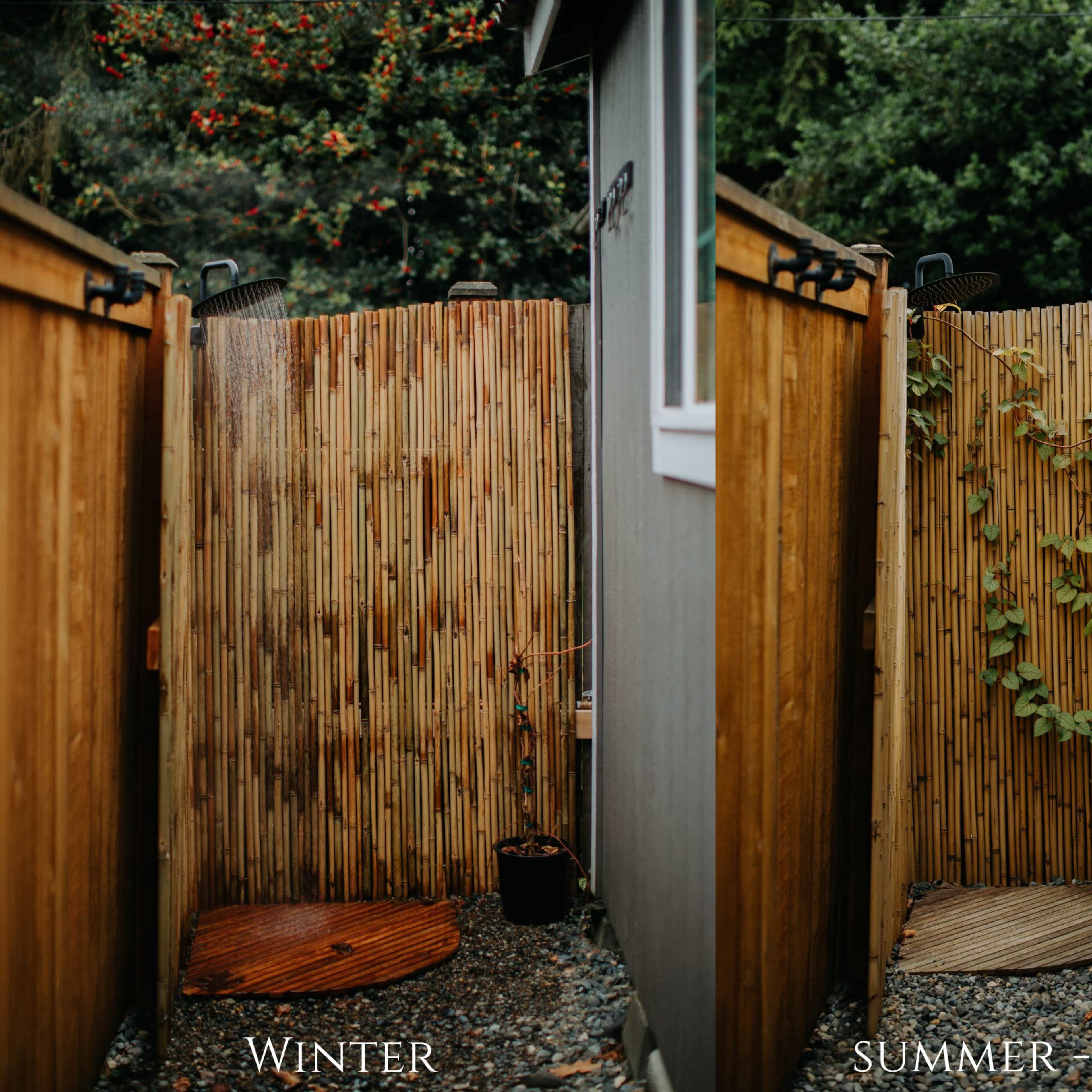 Three sections of a backyard shower area, showcasing its appearance in winter, on a cloudy summer day, and on a sunny summer day.