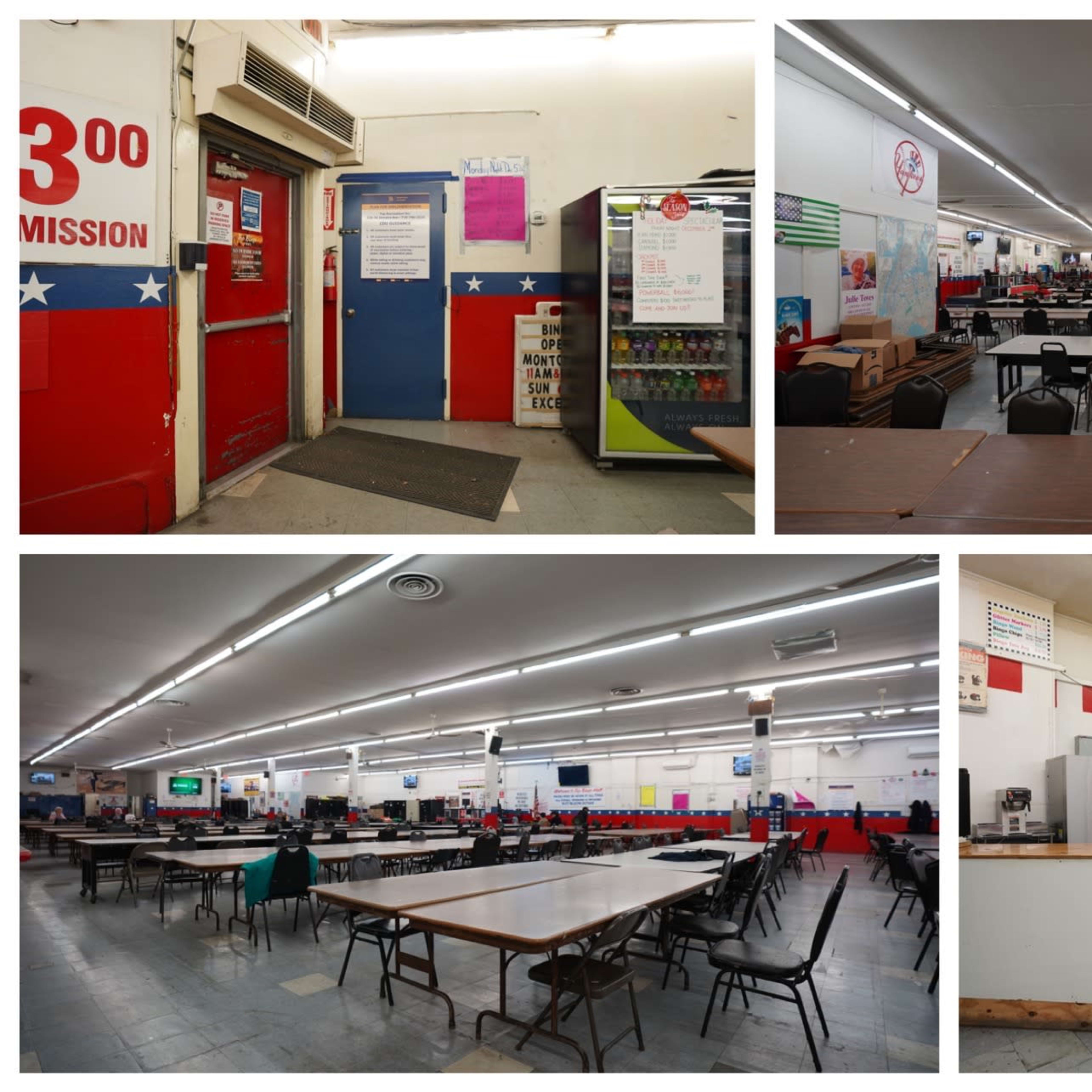 An empty dining area with rows of tables and chairs, a service counter, and brightly colored walls featuring red, white, and blue decor.