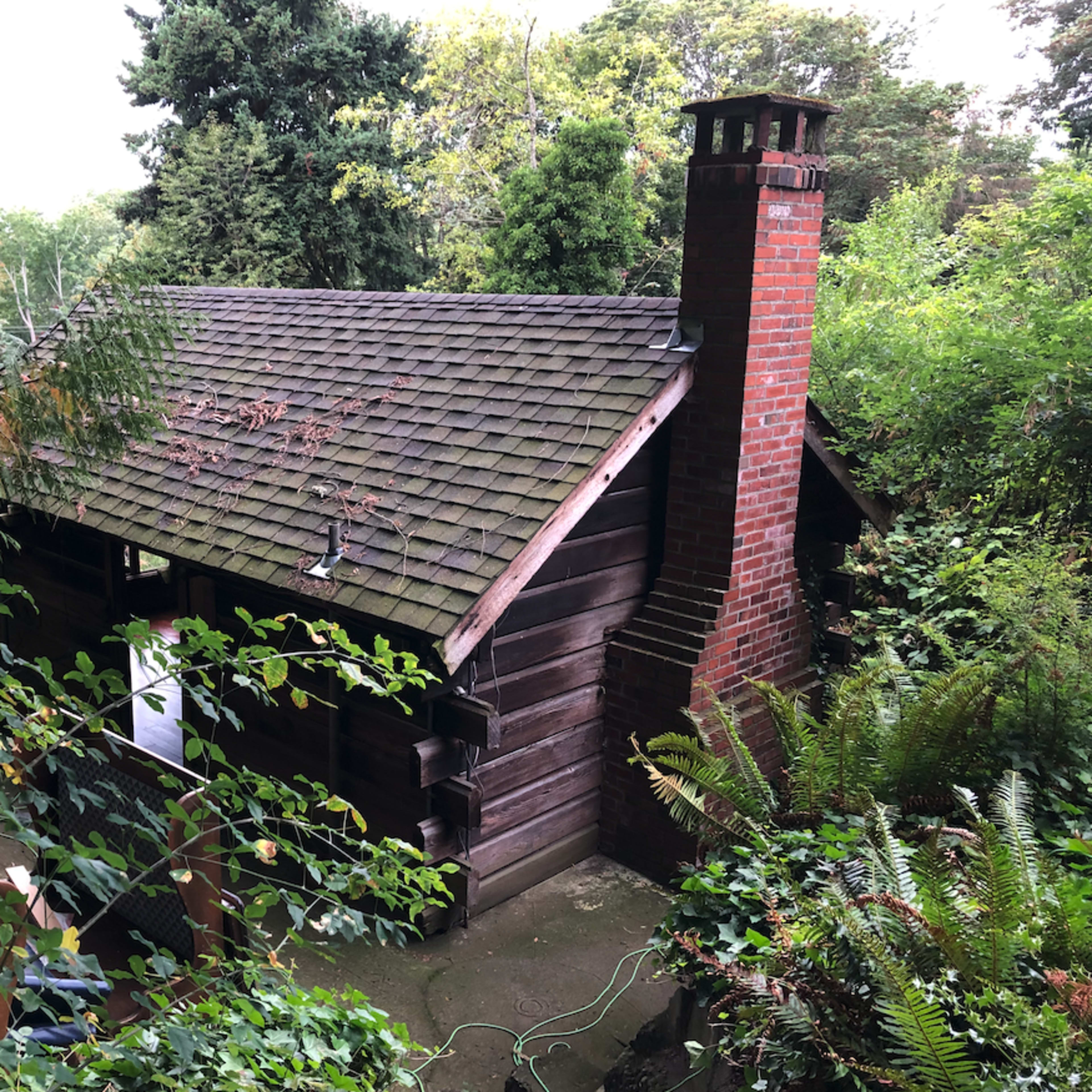 A wooden cabin with a sloped roof and brick chimney is surrounded by lush greenery and trees.