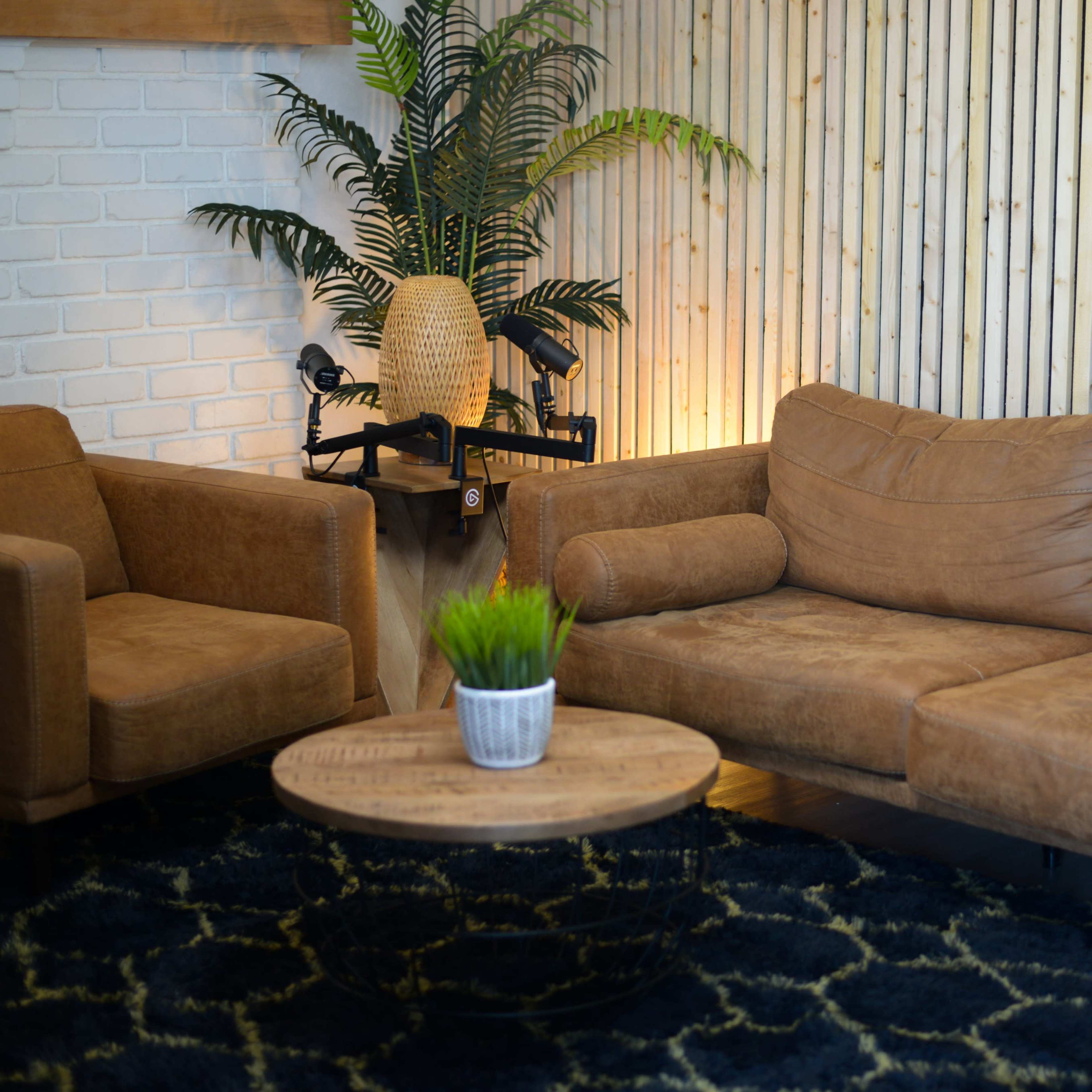 The scene features a stylish living room with a brown leather sofa, an armchair, a round wooden coffee table, and a potted plant against a wall of vertical wooden slats.