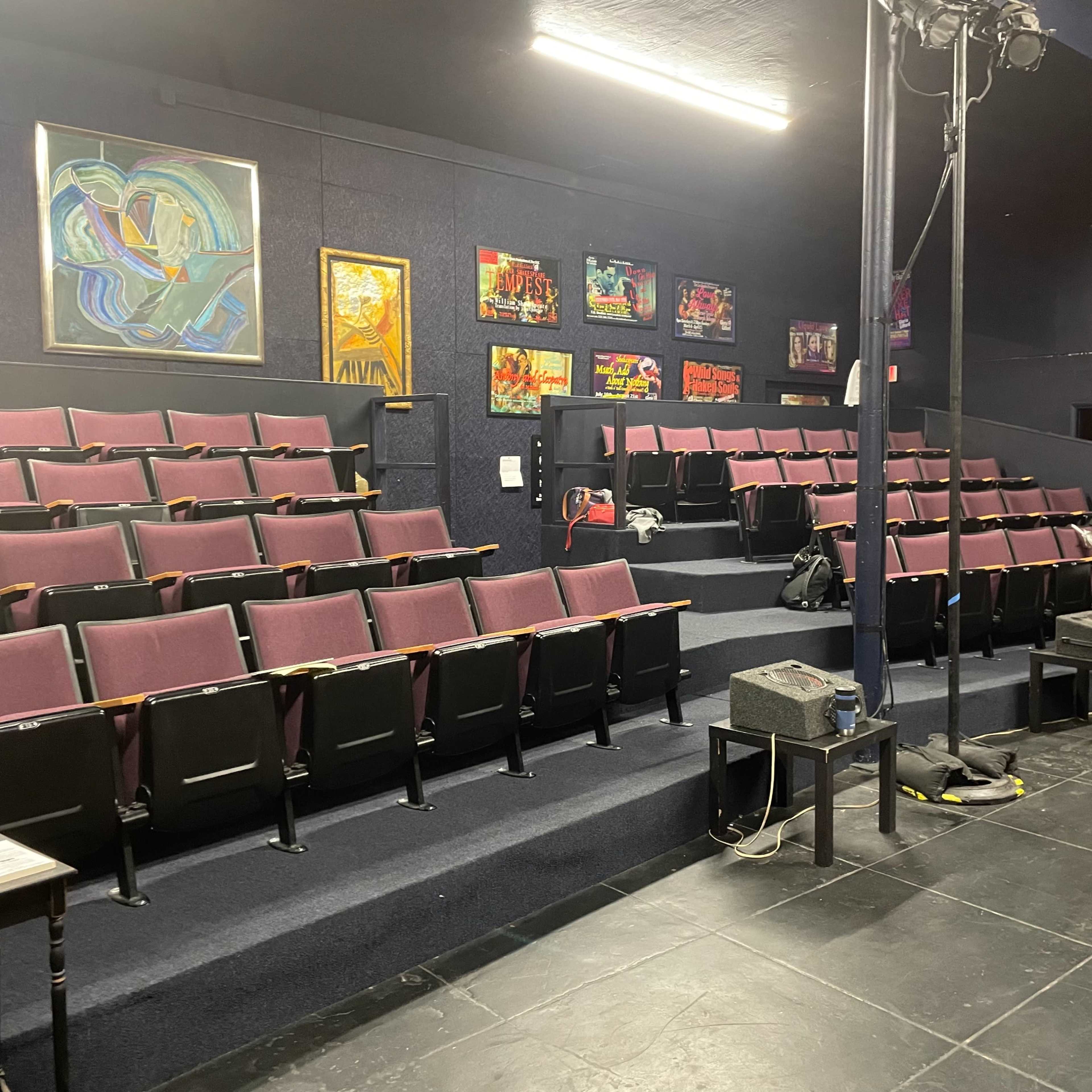 An indoor theater with rows of maroon seating and colorful artwork displayed on the walls.