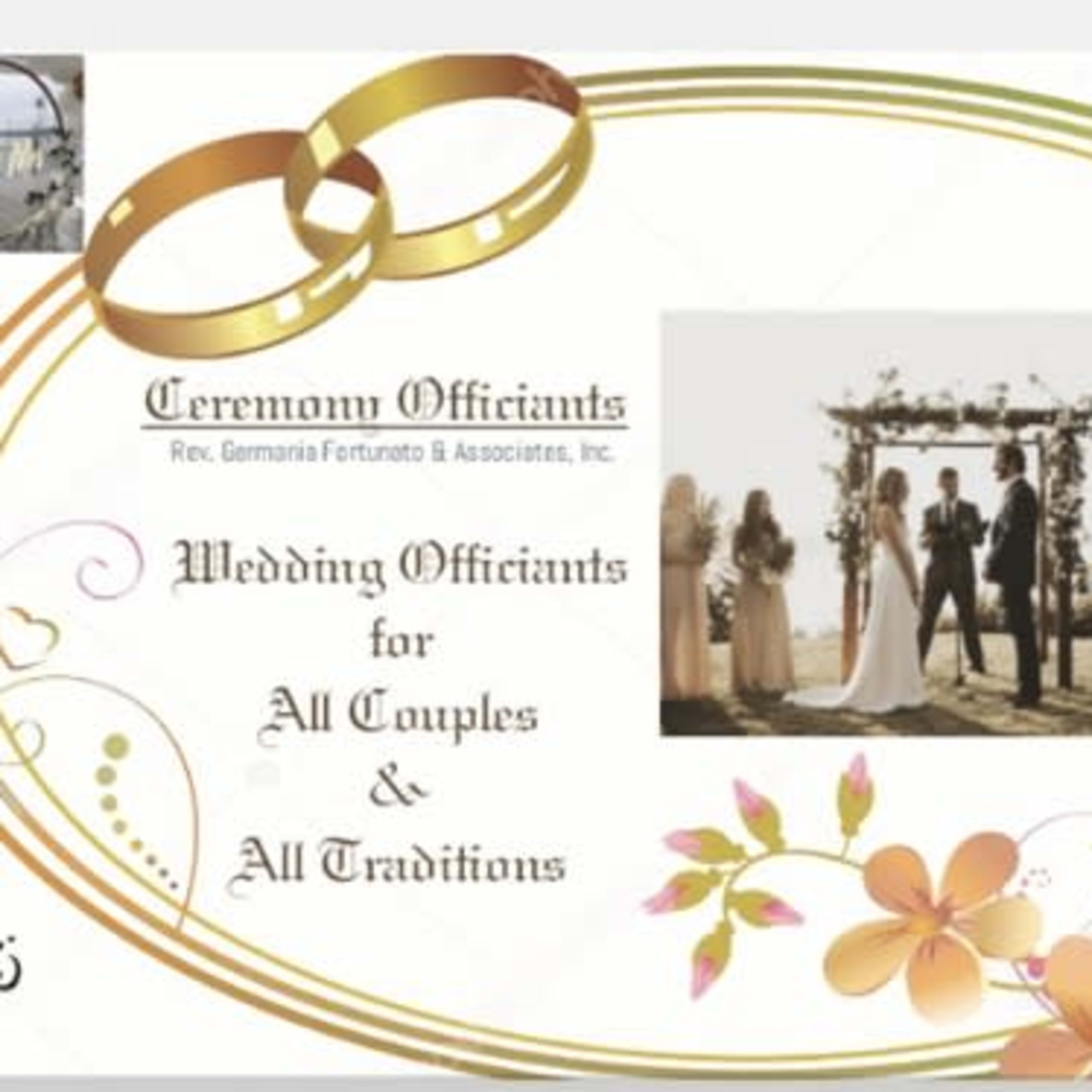 A wedding-themed graphic with intertwined rings, floral decorations, and text promoting wedding officiants for all couples and traditions.