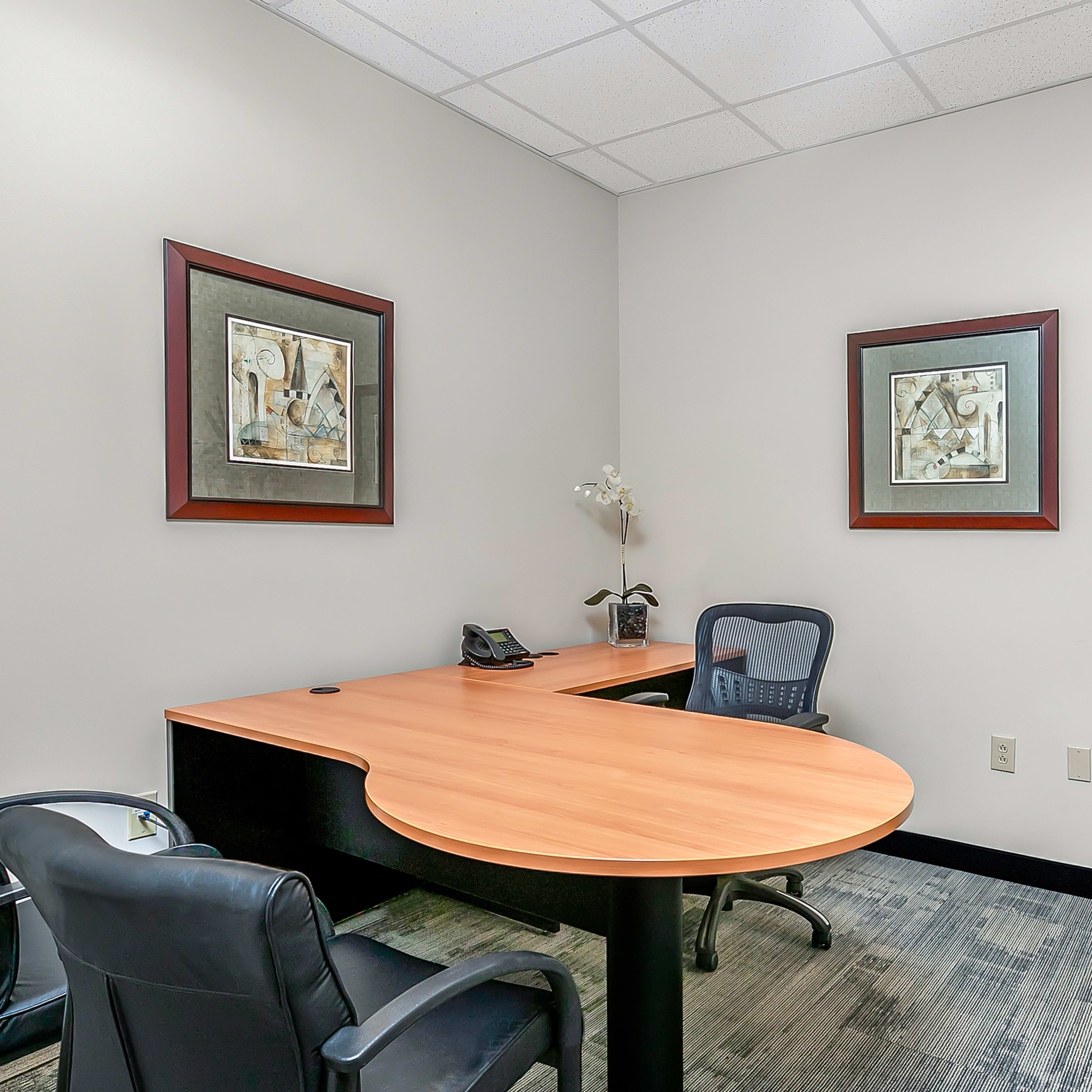 A minimalist office space with a wooden desk, two black chairs, a telephone, and two framed artworks on the walls, along with a potted plant in one corner.