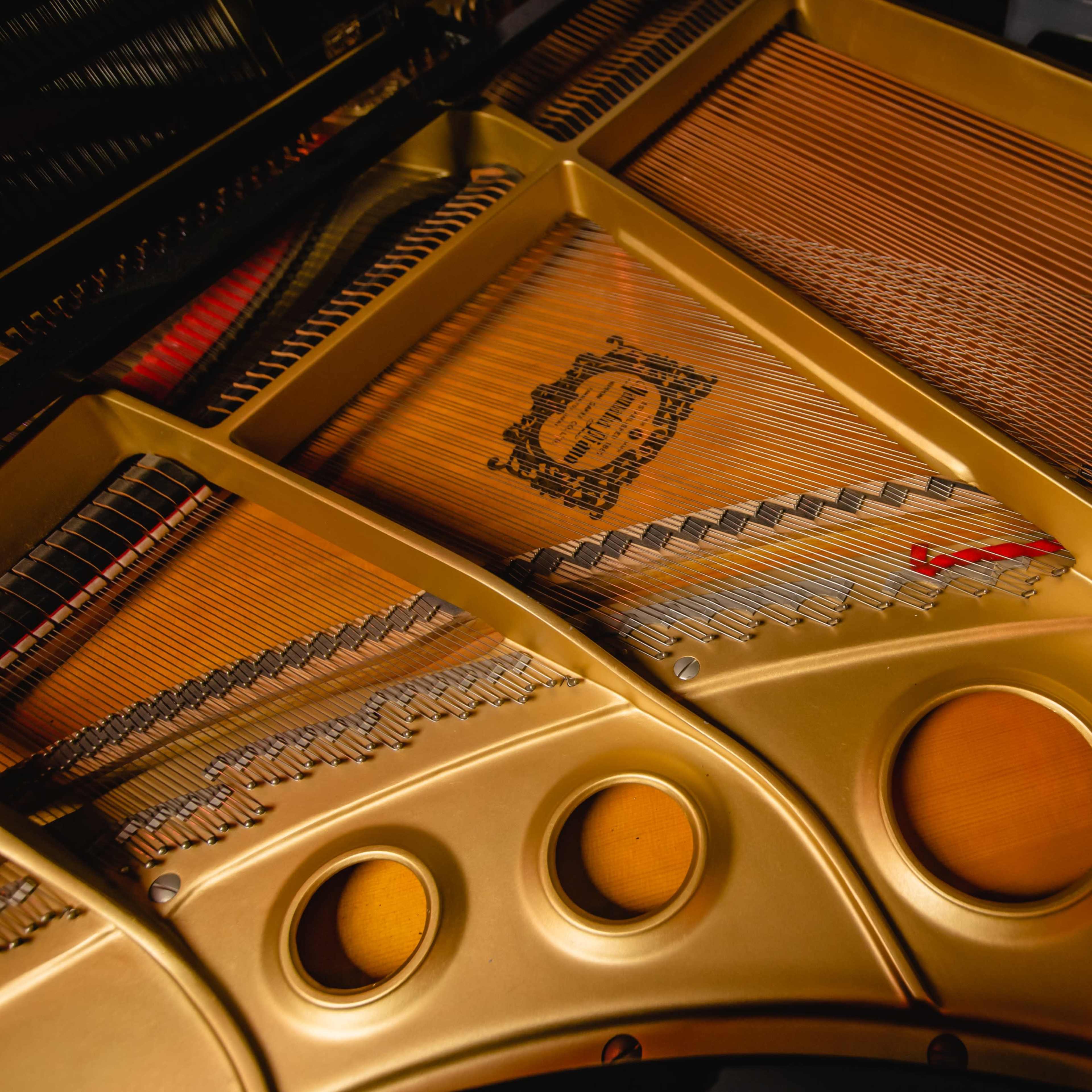 The interior of a grand piano features golden strings and a detailed logo on the soundboard.