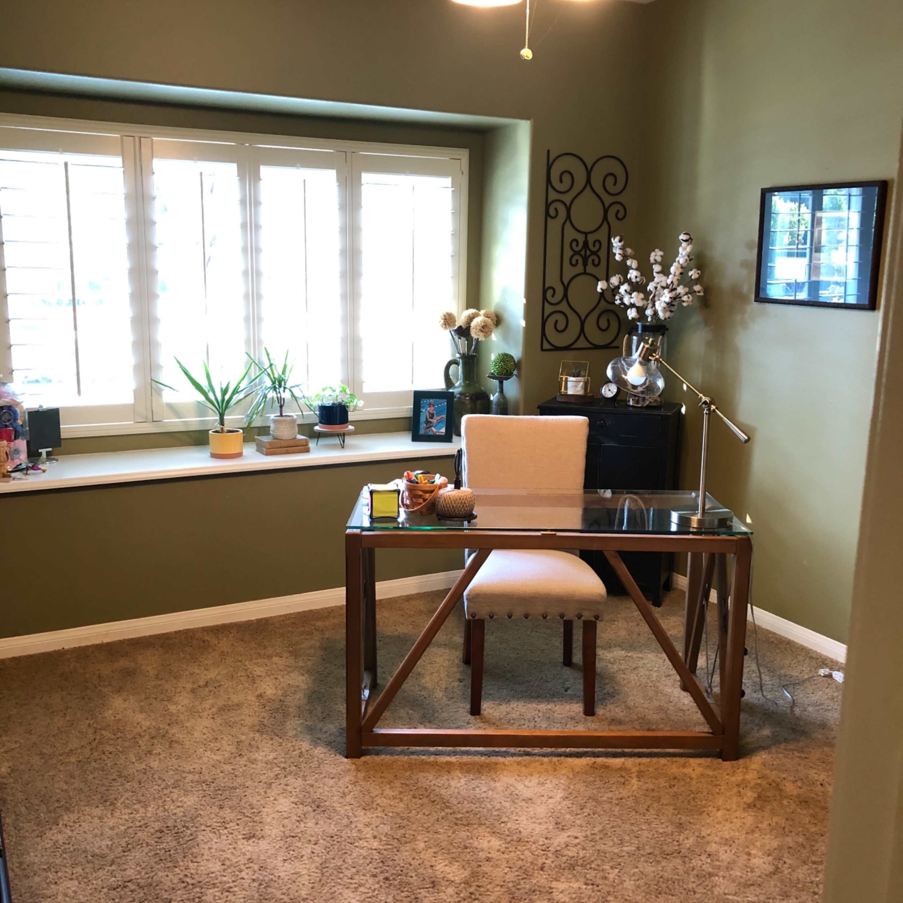 A home office features a glass-top desk and a chair, surrounded by potted plants and a window with shutter blinds.