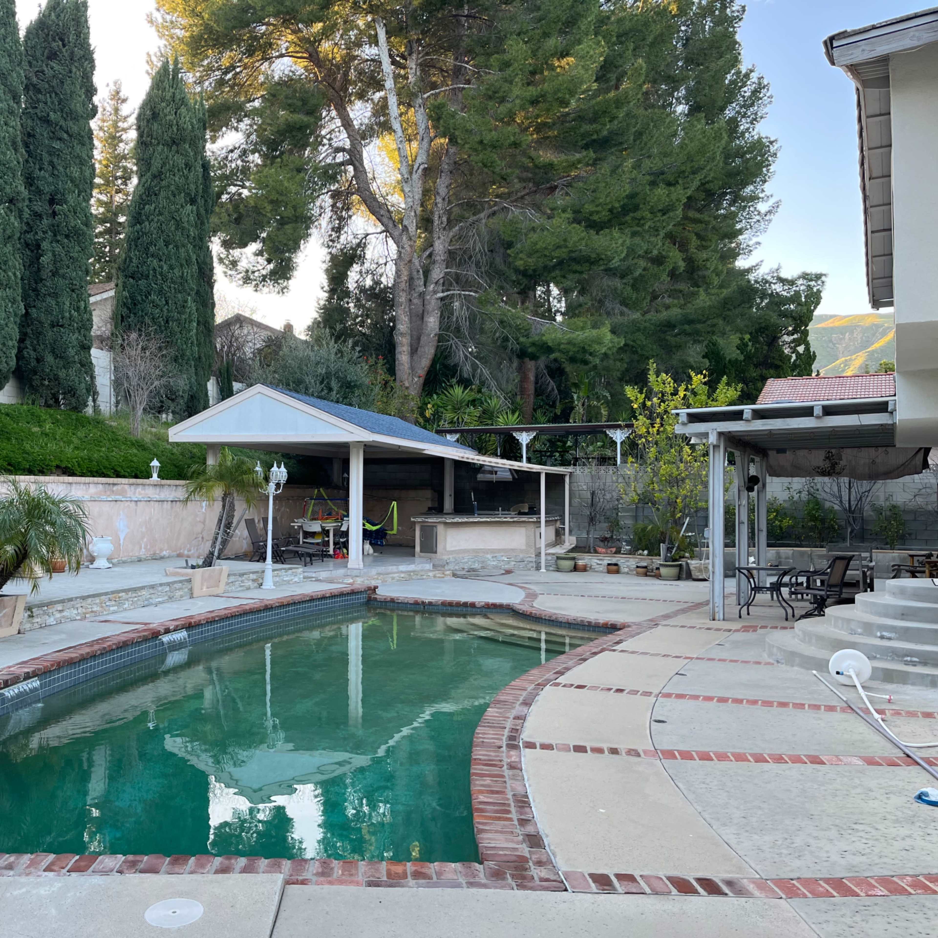 A backyard features a swimming pool surrounded by concrete and stone pathways, with tall trees and a covered patio in the background.