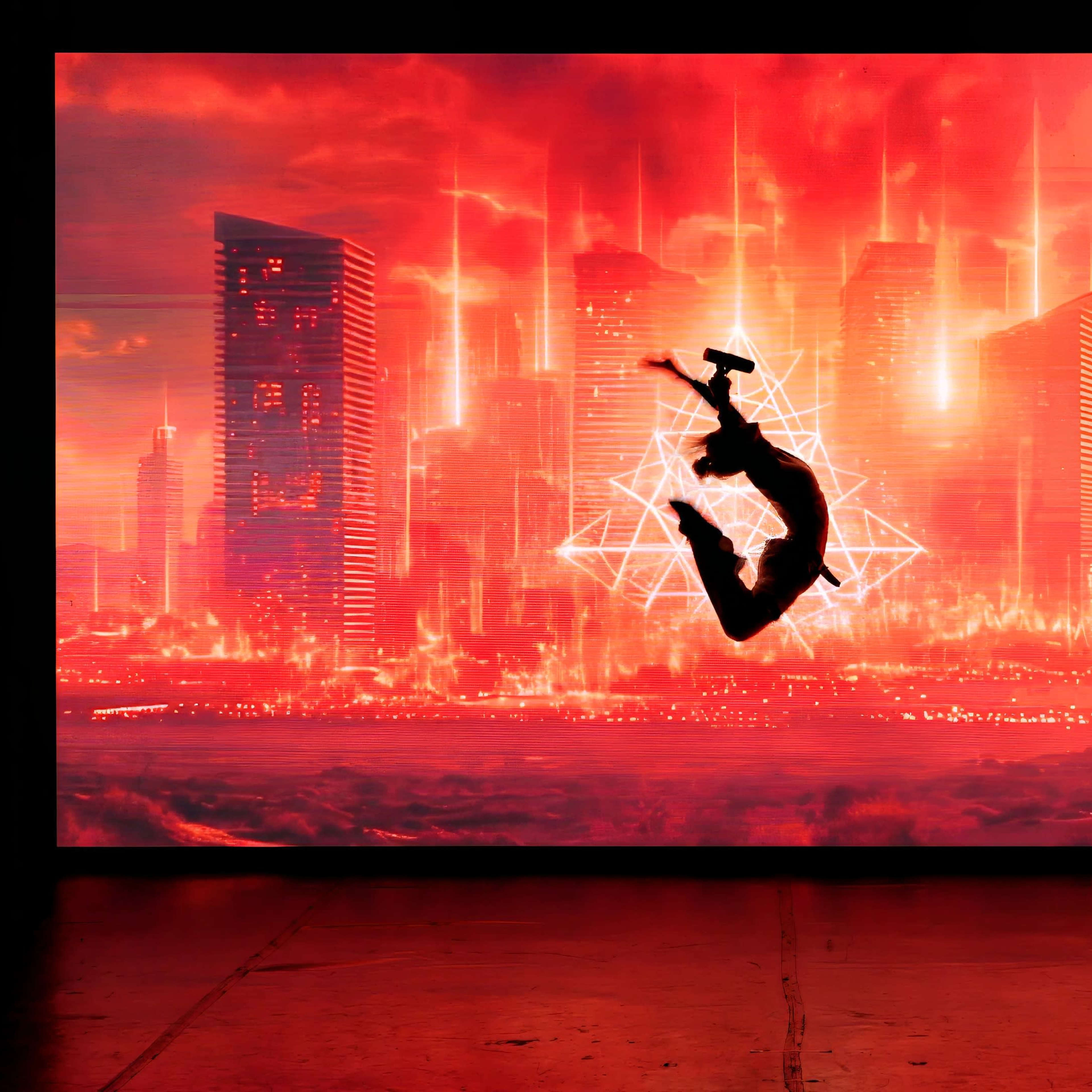 A silhouette of a figure leaps against a vibrant red backdrop featuring a futuristic city skyline.