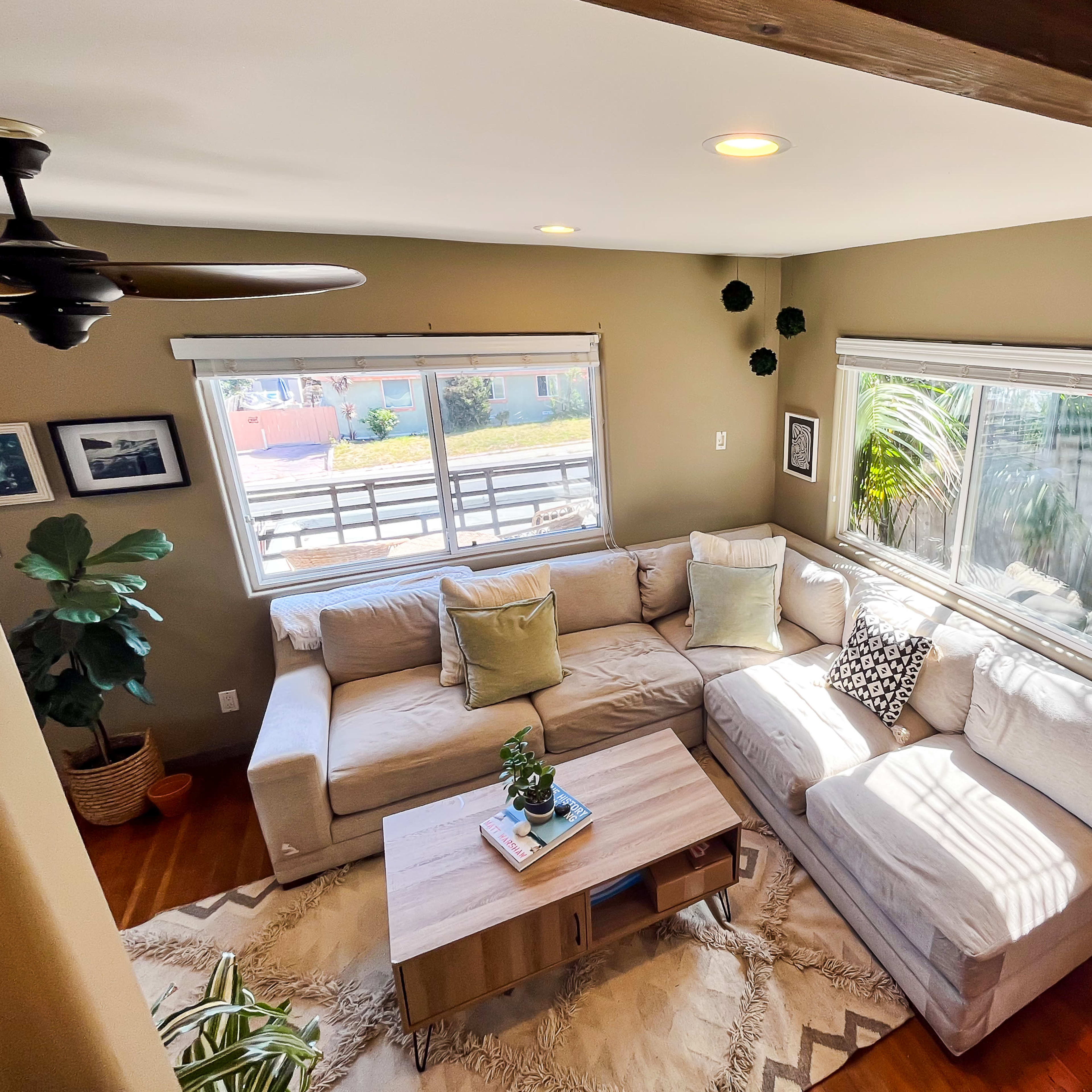 A cozy living room with a sectional sofa, a coffee table, windows letting in natural light, and decorative plants.