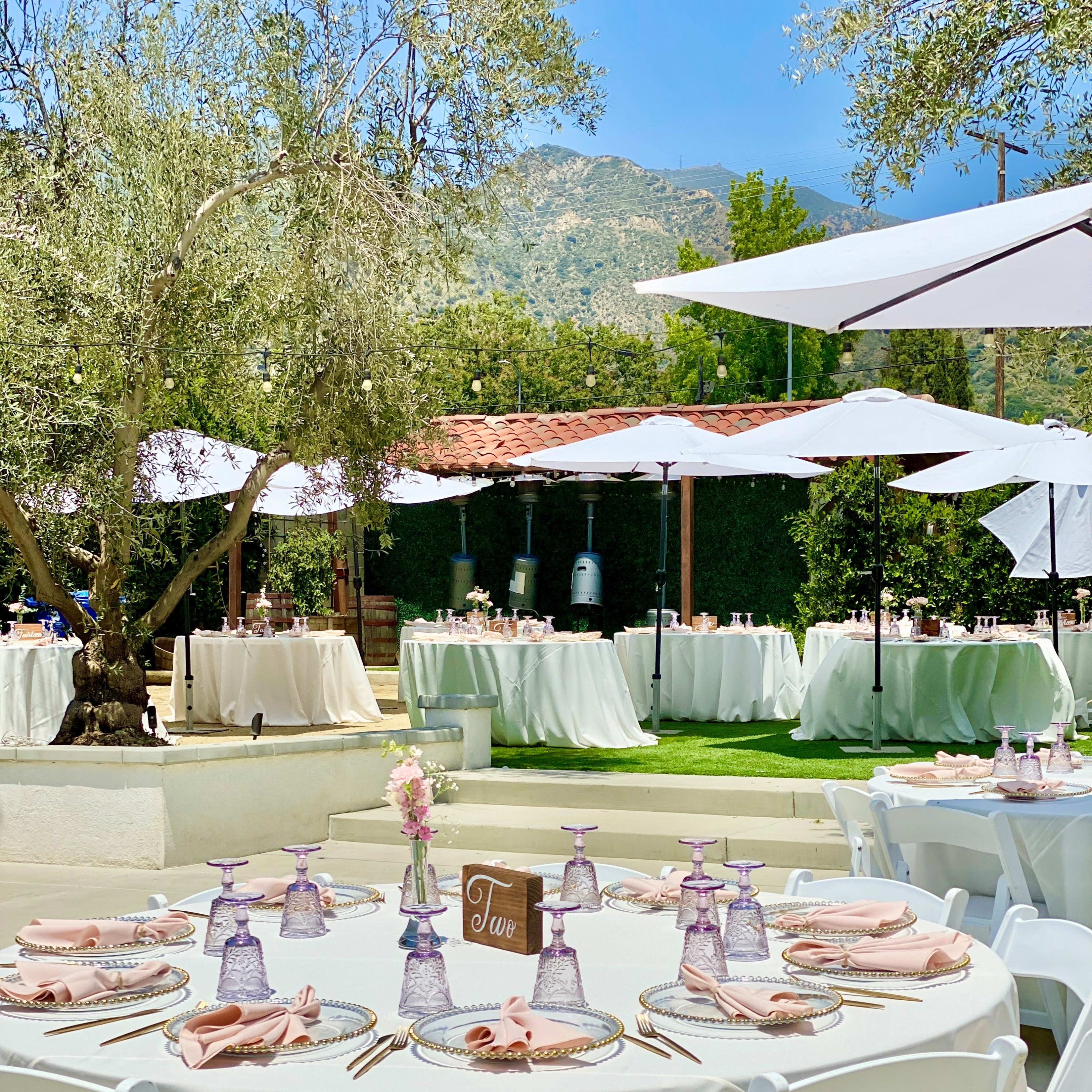 The scene features several round dining tables set outside under white umbrellas, with a backdrop of a landscaped area and mountains in the distance.
