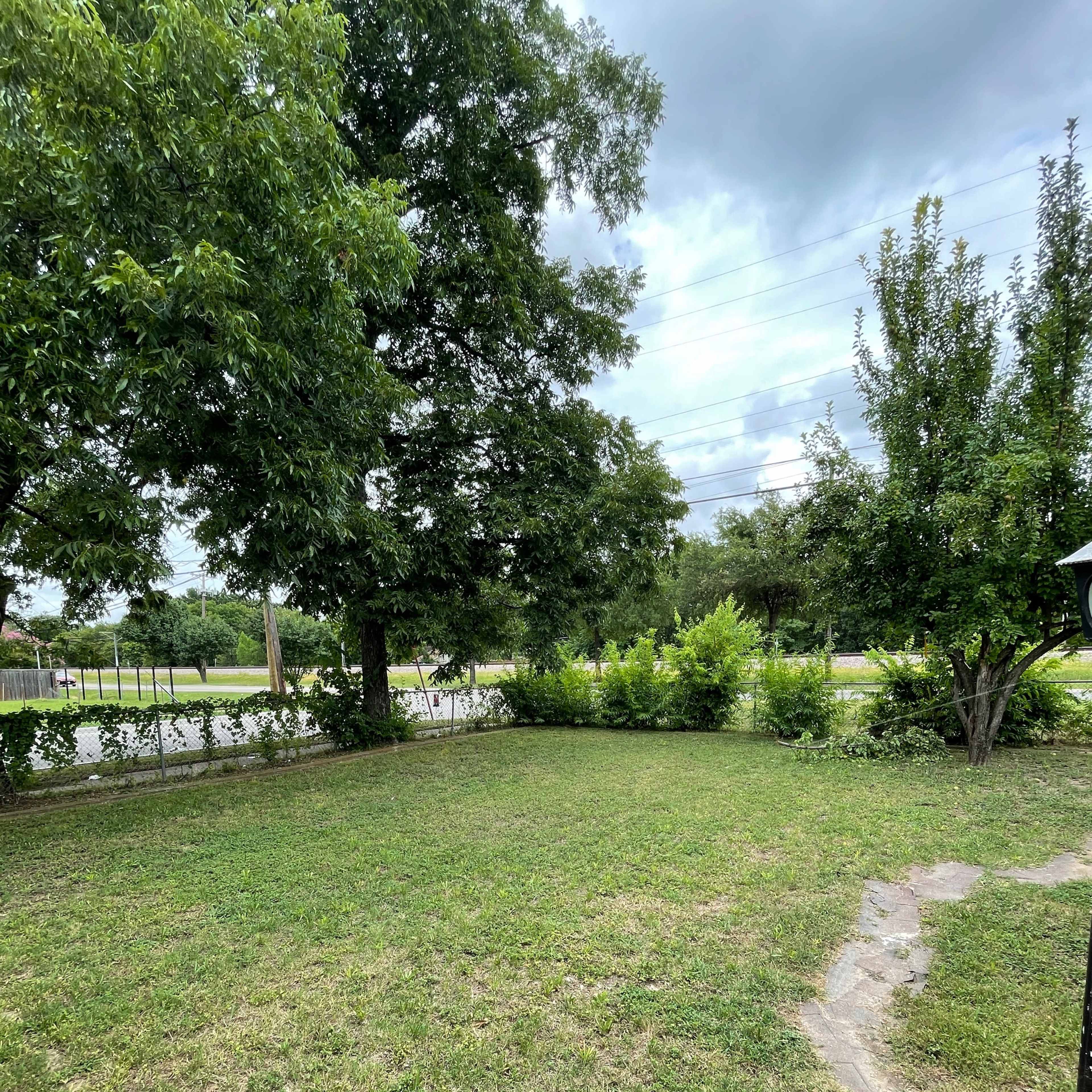 A grassy yard with a few trees and a pathway leading to a road in the background.