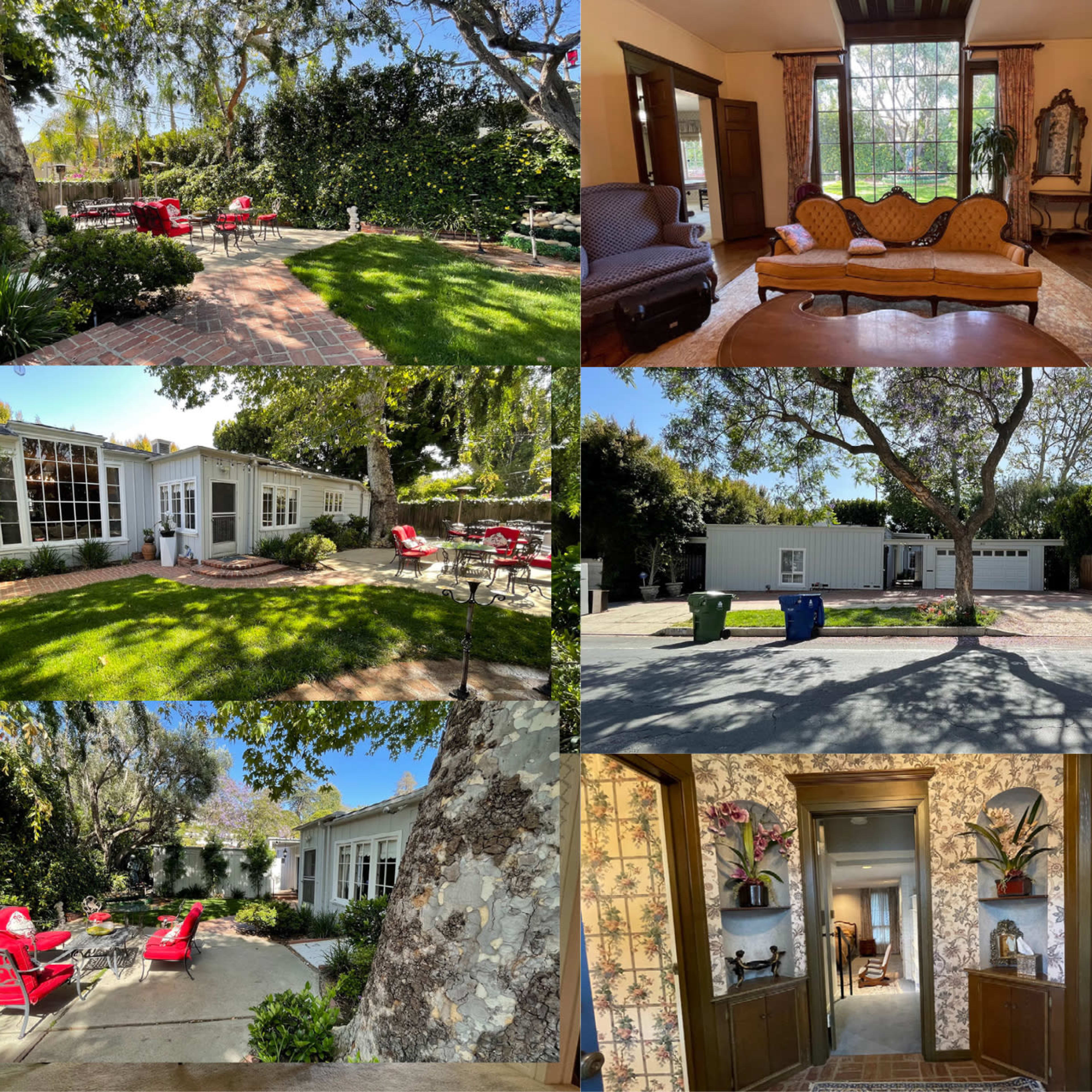 A collage of various interior and exterior views of a house, including living spaces, a dining area, a garden, and a garage.