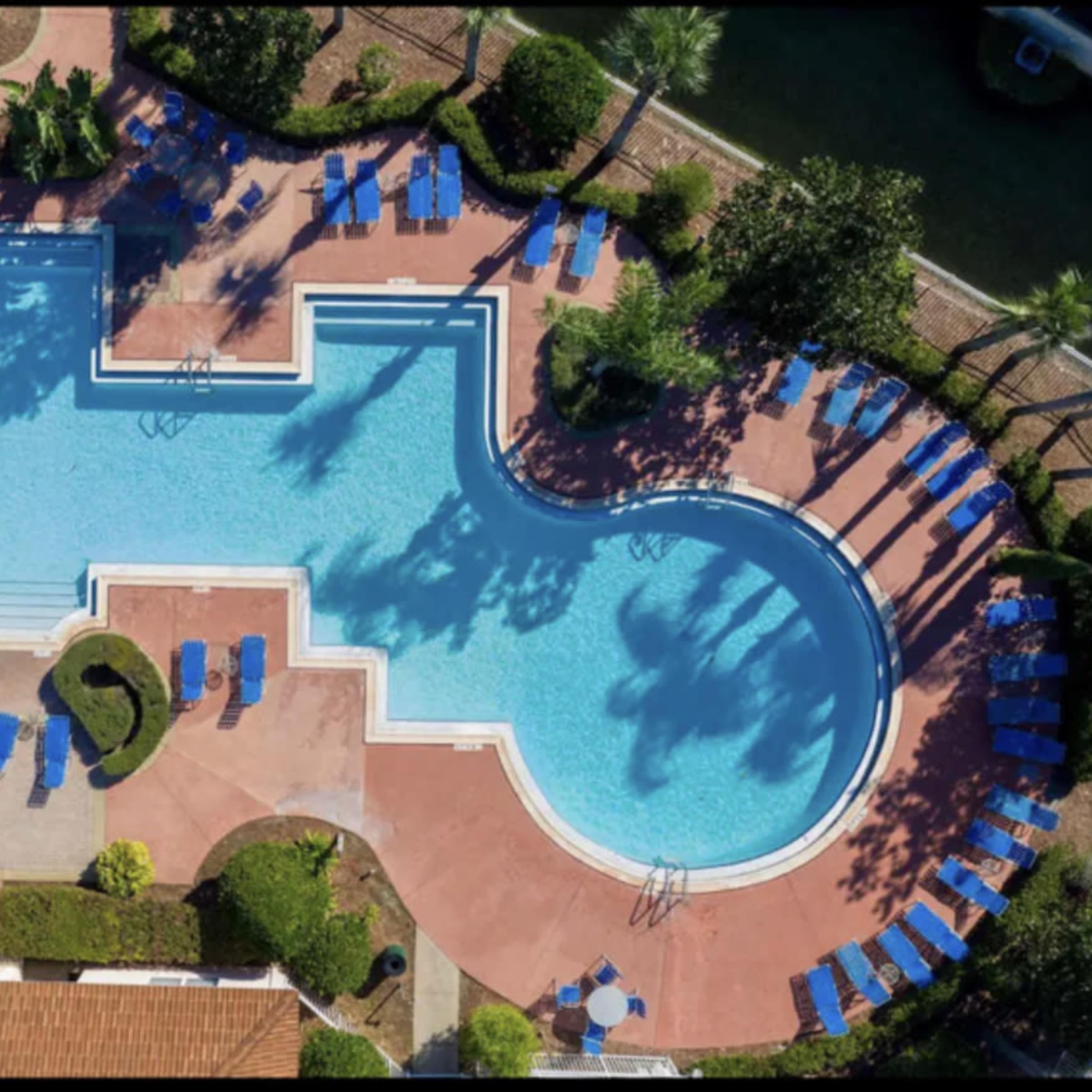 An aerial view of a swimming pool shaped like a guitar, surrounded by lounge chairs and landscaped greenery.