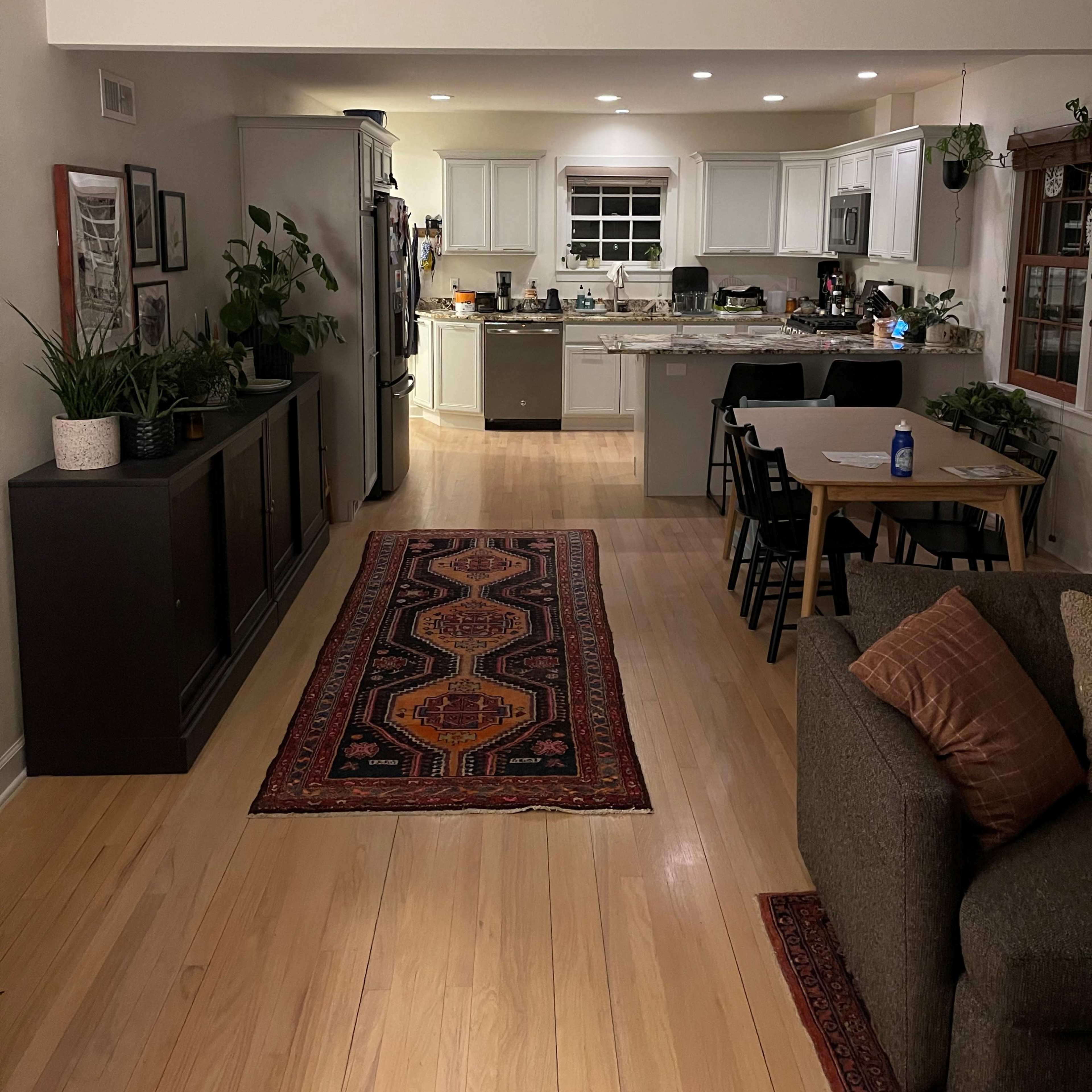 A spacious open-concept kitchen and living area, featuring a dining table, a couch, and various plants along with a patterned rug on the wooden floor.