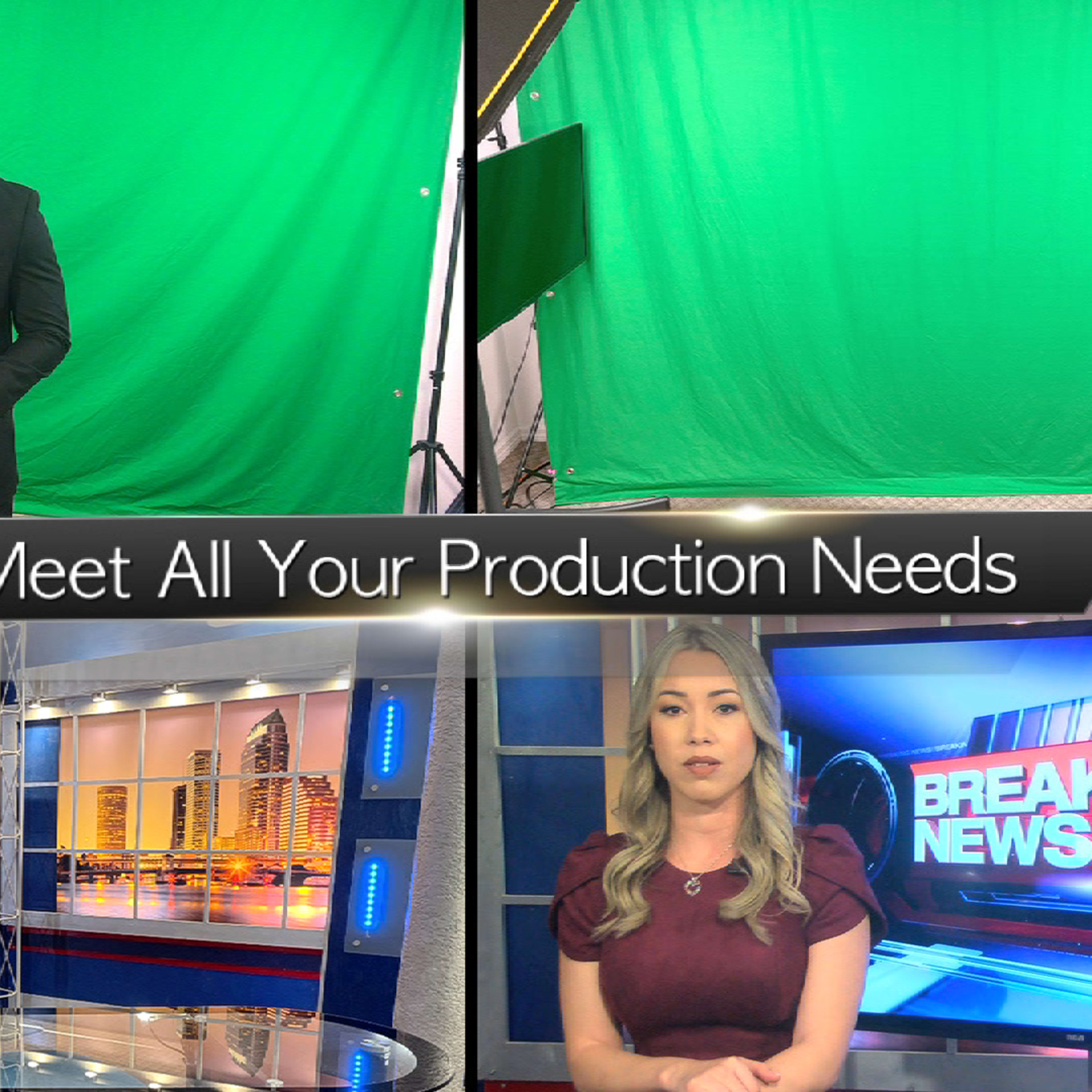 A media production setup featuring a presenter in front of a green screen, additional green screen areas, and a news studio backdrop.