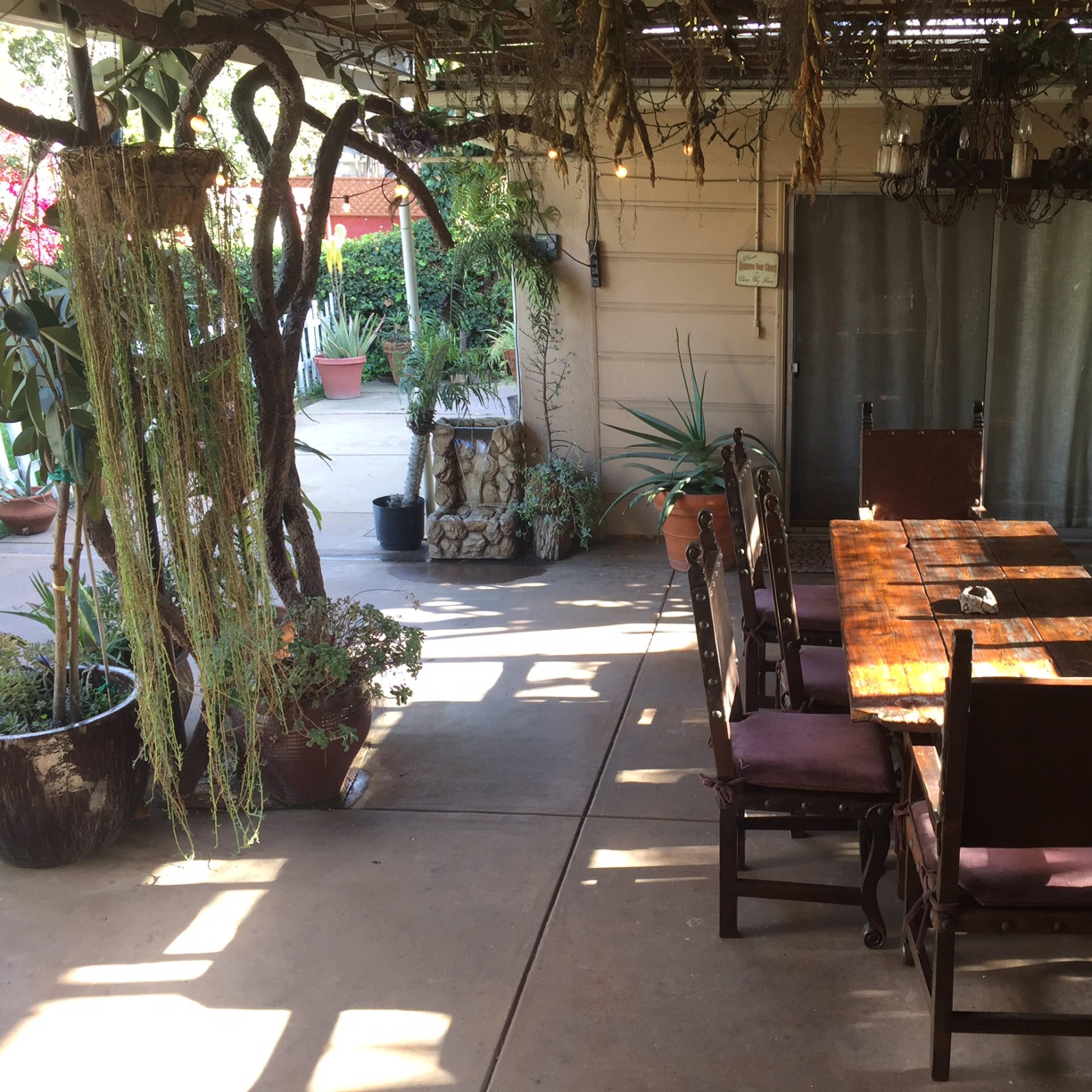 A large wooden dining table with chairs is set in a shaded outdoor area surrounded by potted plants and vines.