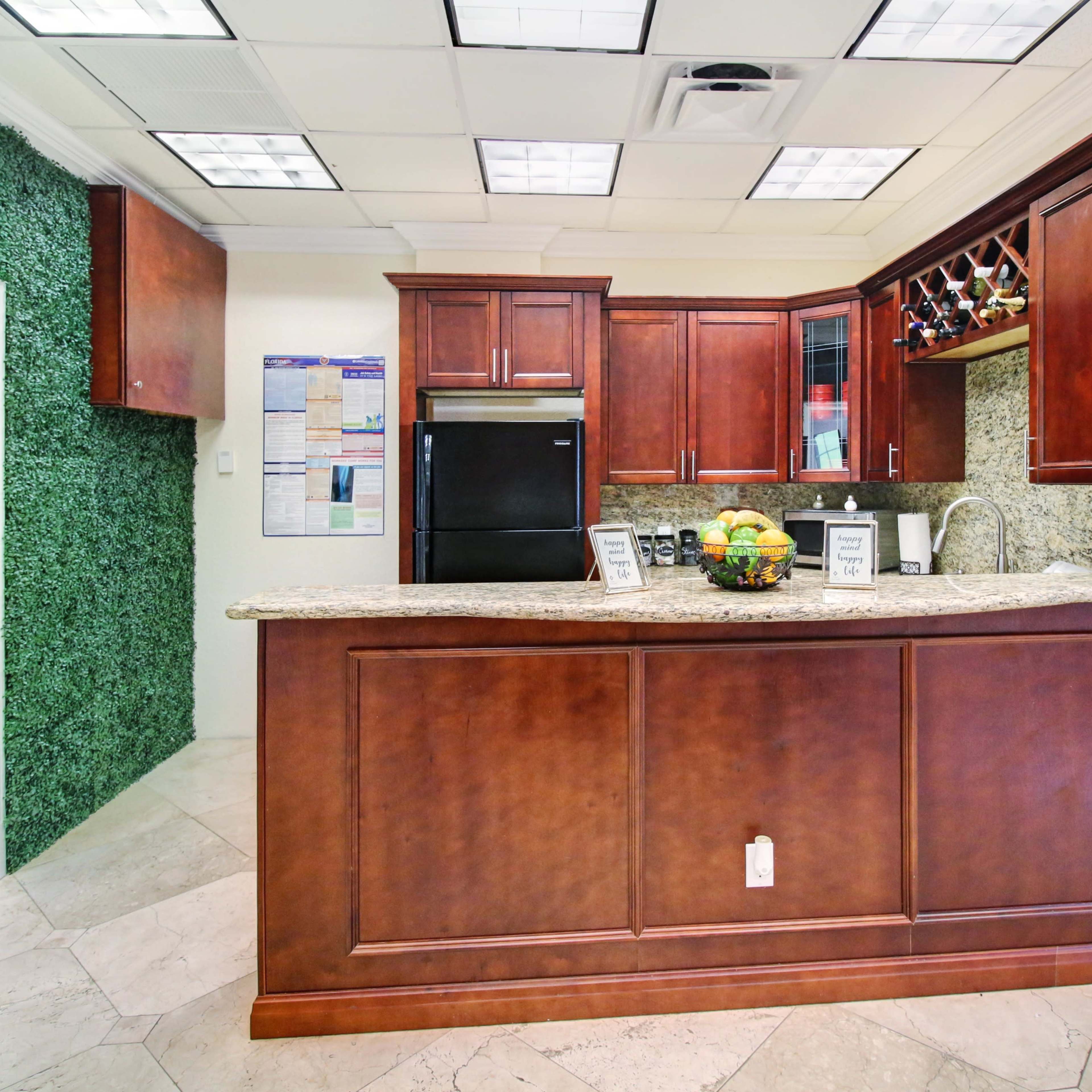 A kitchen area with dark wooden cabinetry, a granite countertop, and a green wall feature made of plants.