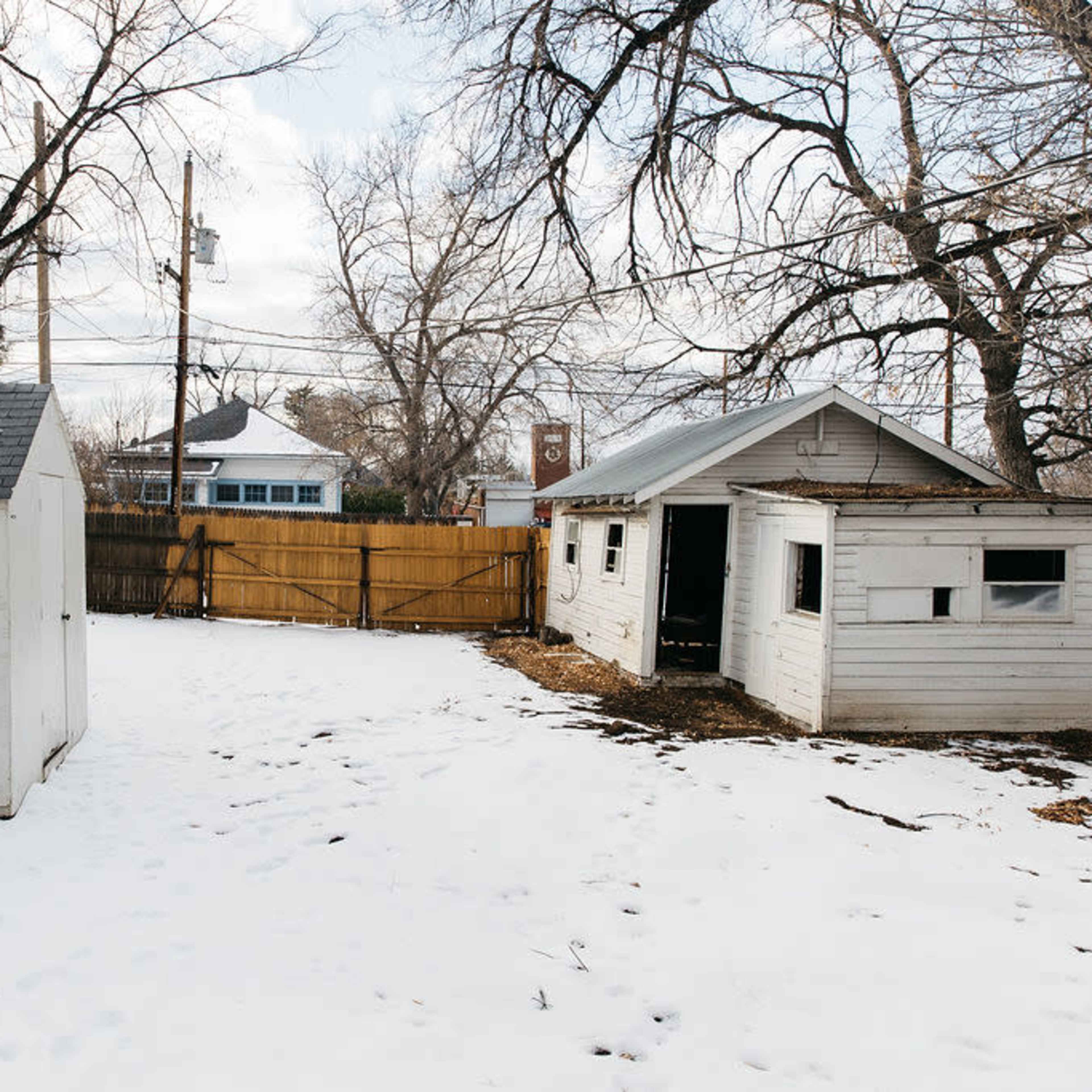 A snowy backyard with two white sheds and a wooden fence in the background.