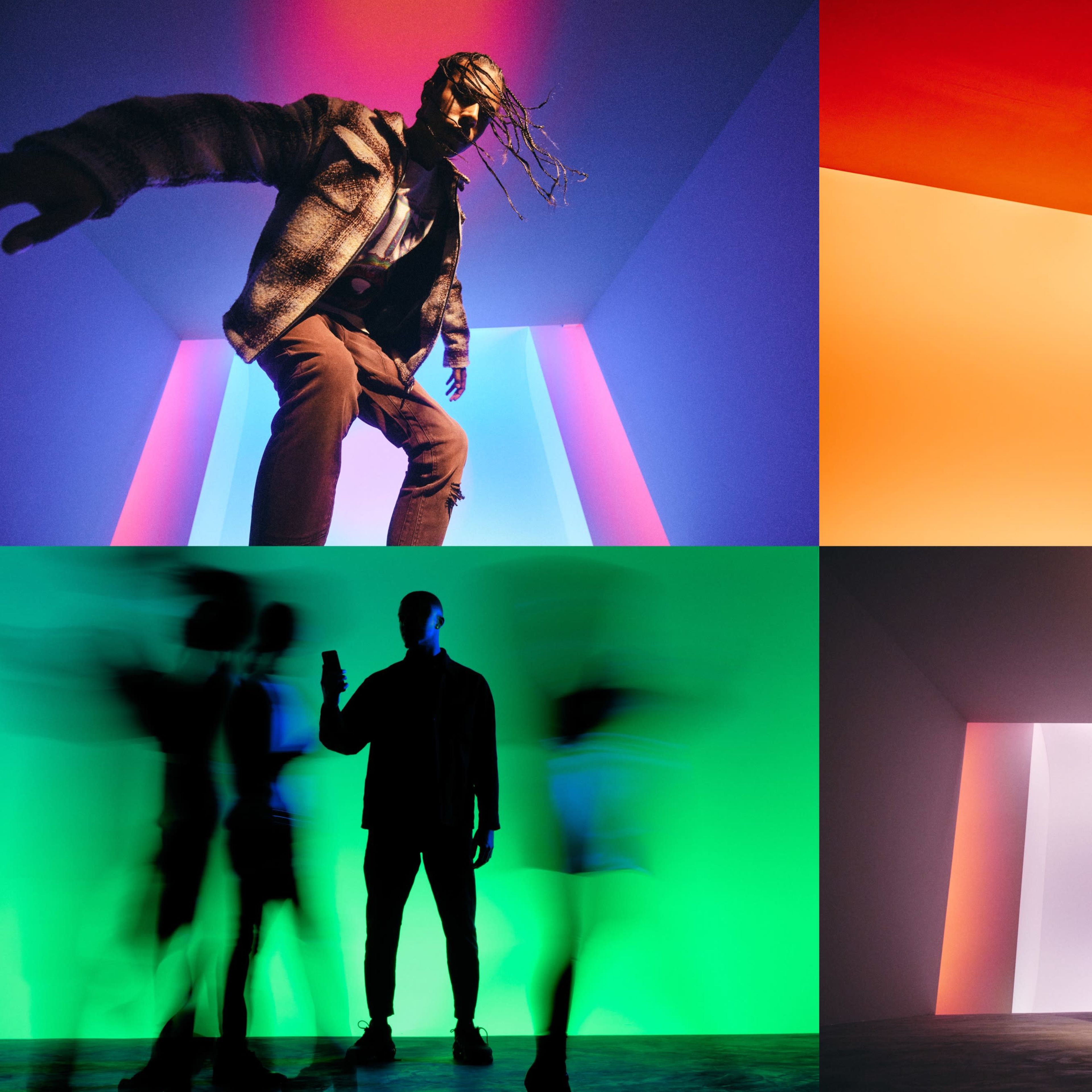 Four scenes with silhouettes of individuals set against brightly colored, illuminated backgrounds in various poses.
