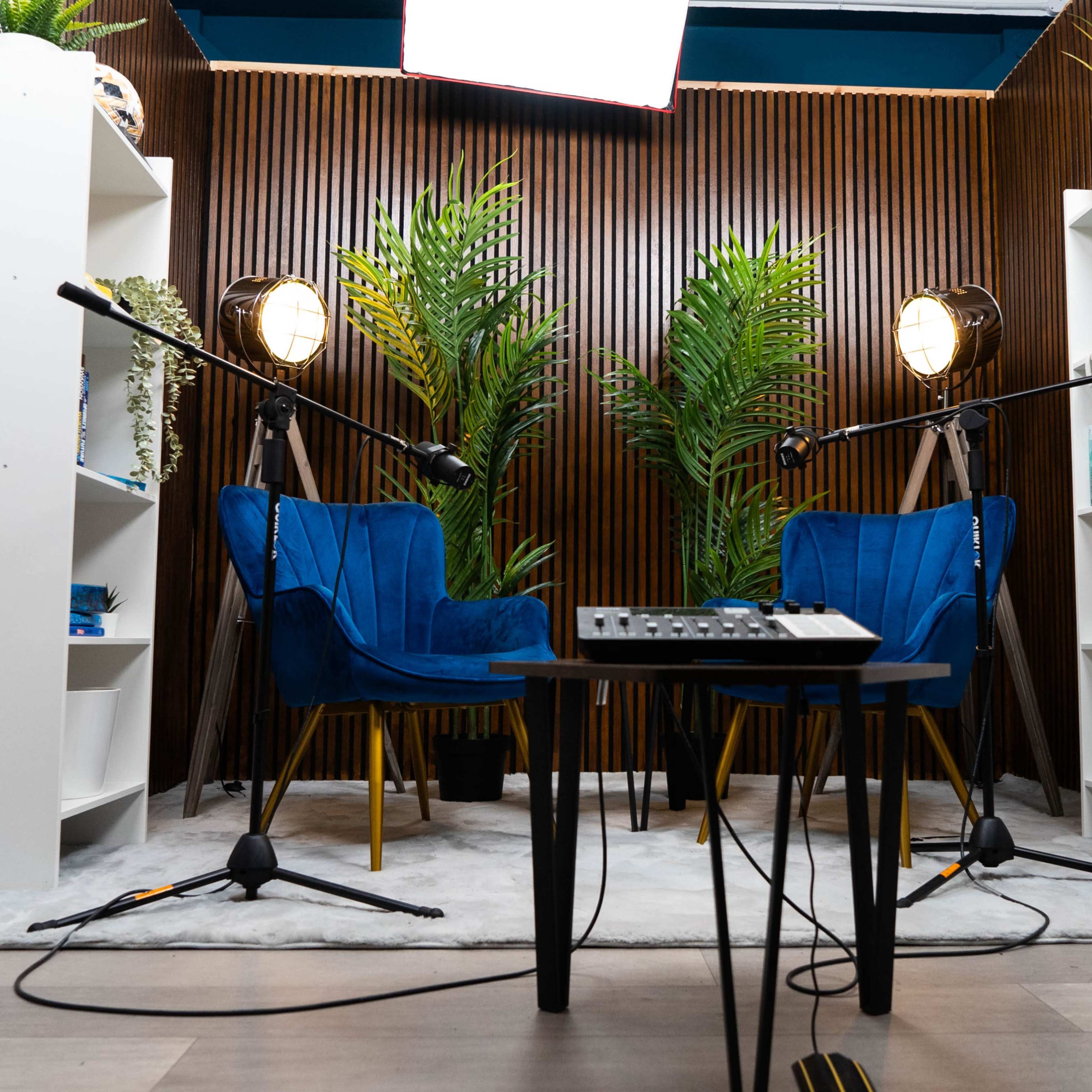 The scene features two blue chairs on a soft rug facing a small table, with recording equipment and decorative plants in a modern studio setup.