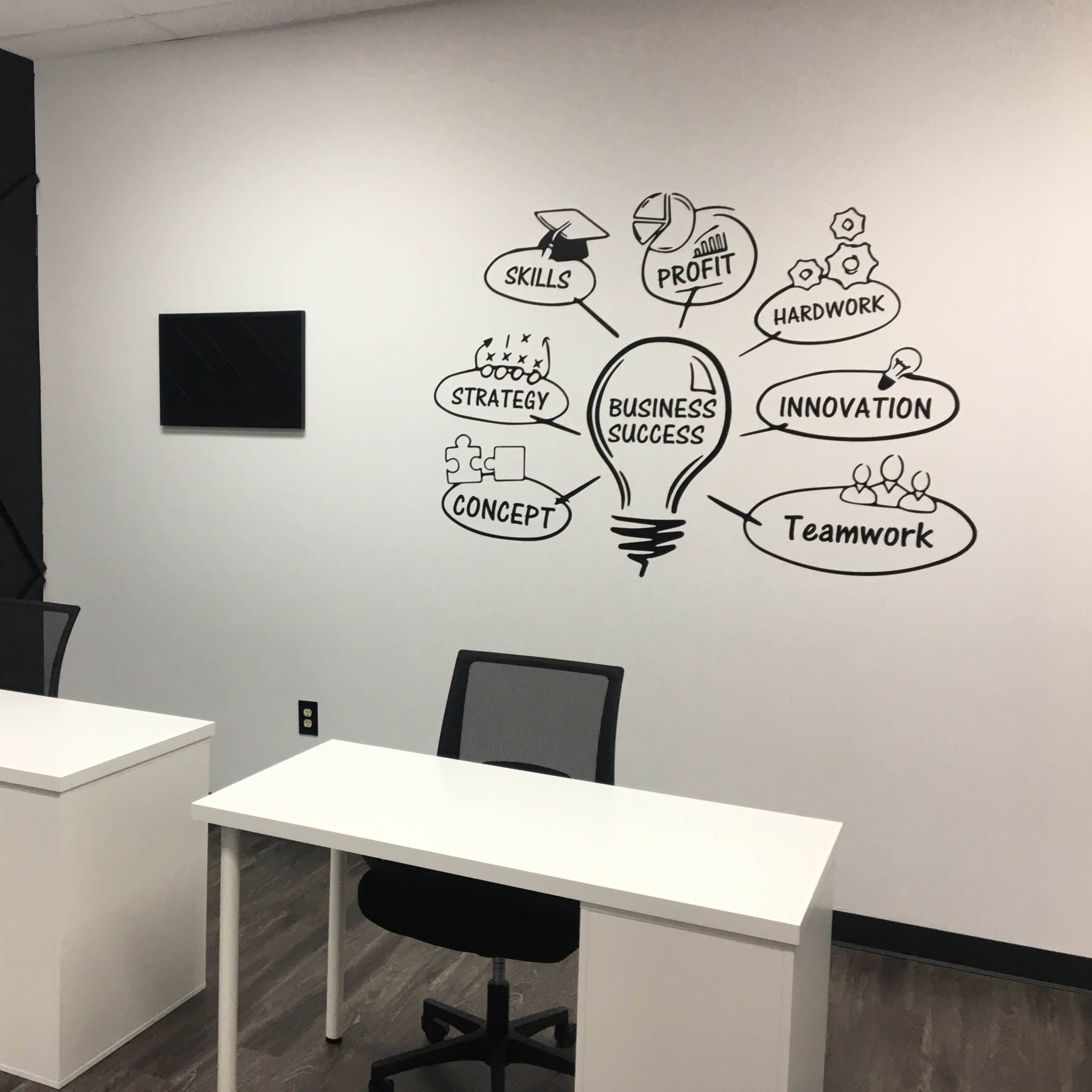 A modern office space with two white desks and a black and white mural on the wall depicting concepts related to business success.
