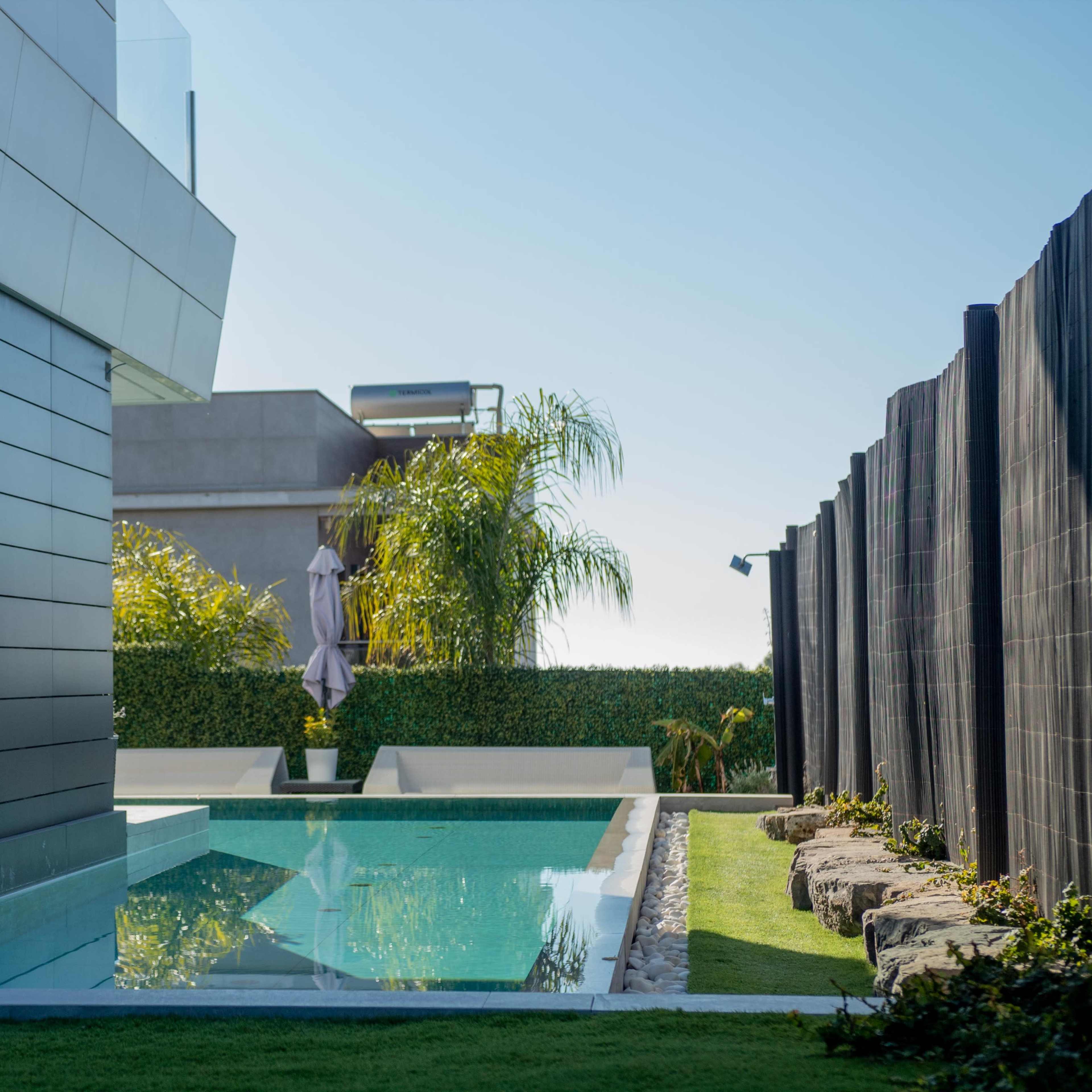 A modern house with a rectangular swimming pool and landscaped greenery in a sunny outdoor setting.