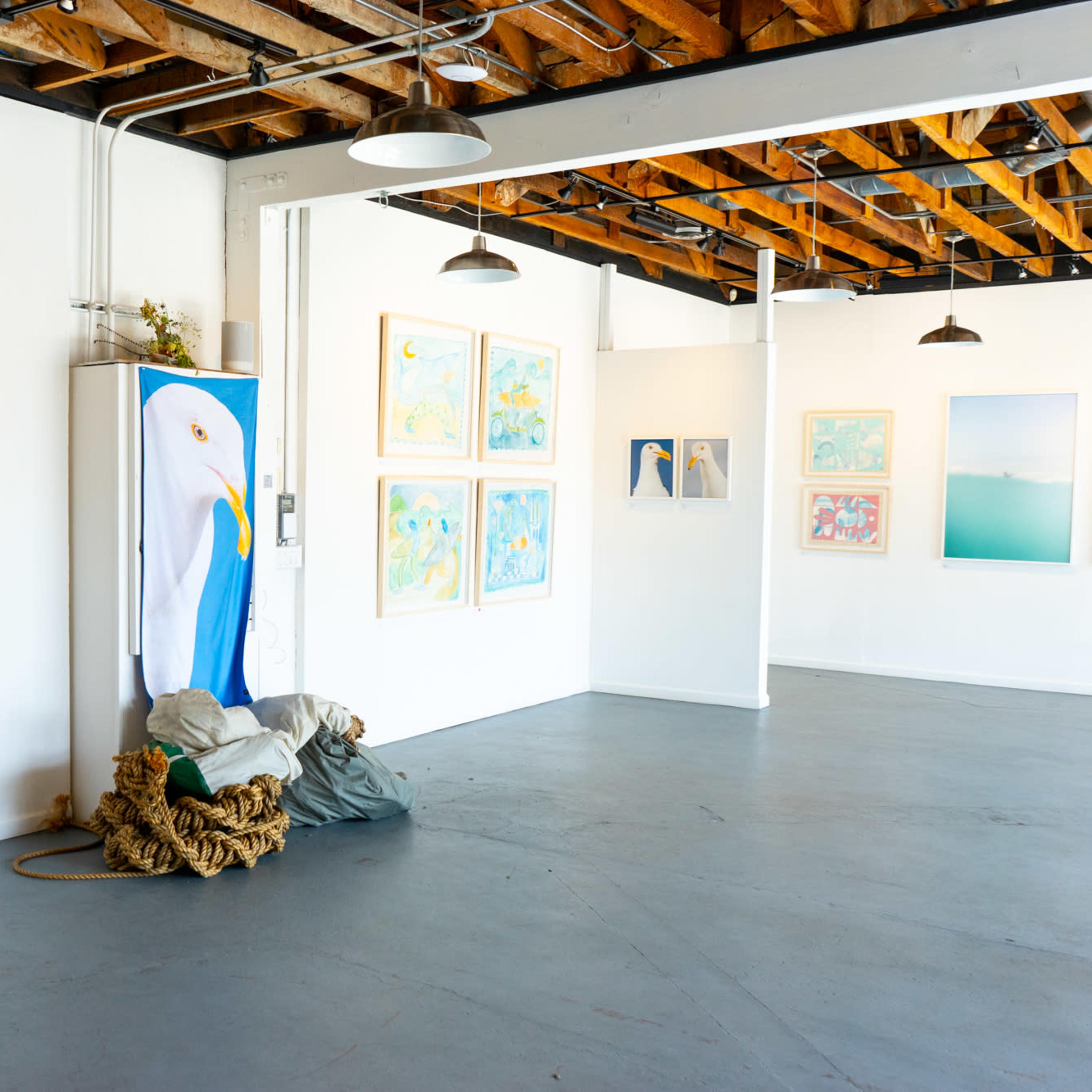 An art gallery interior with framed artworks on white walls, a display featuring a large blue and white object resembling a seagull, and a pile of rope and fabric on the floor.
