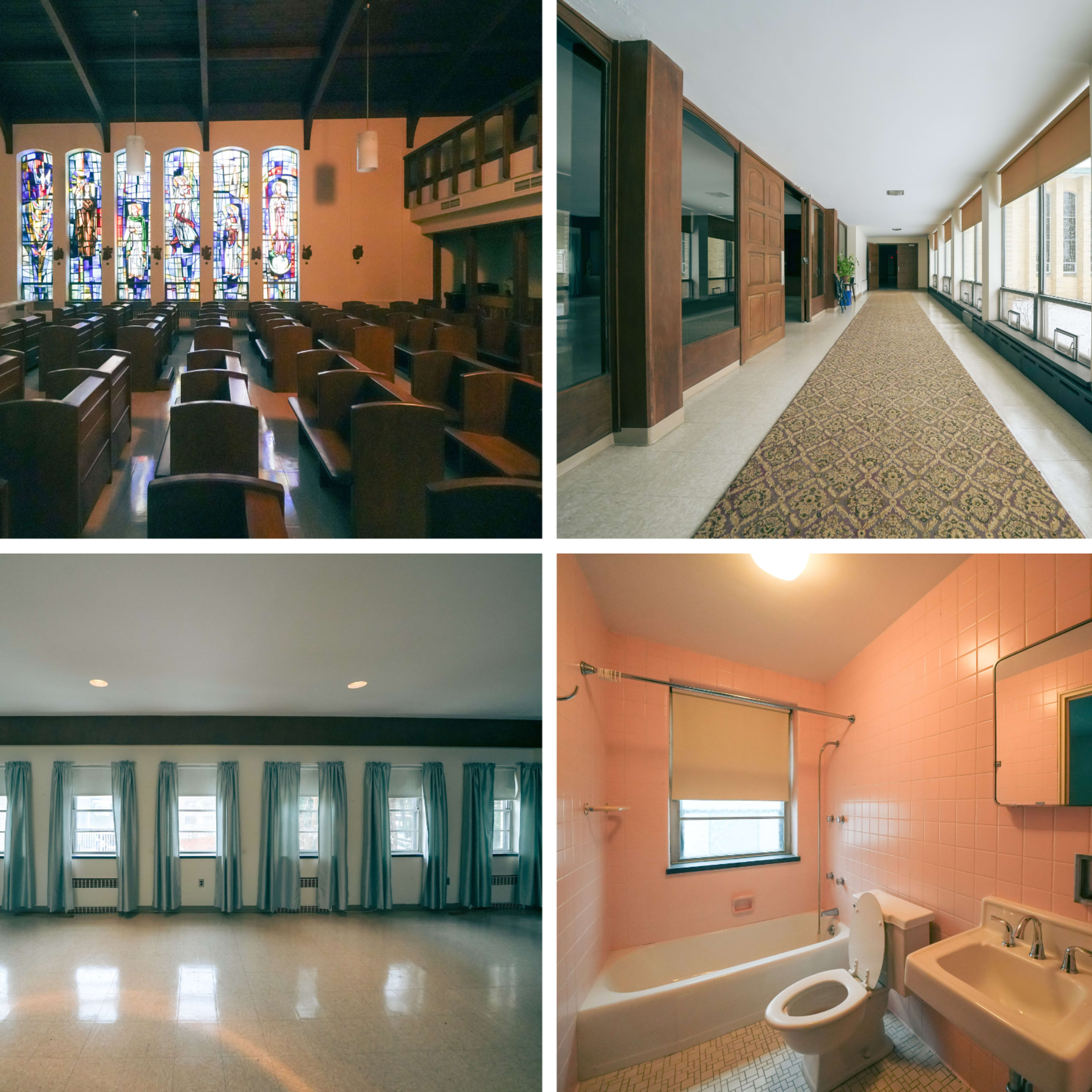 Four different scenes: a chapel with stained glass windows, a long hallway with large windows, a plain room with white walls and curtains, and a bathroom with pink tiles and fixtures.