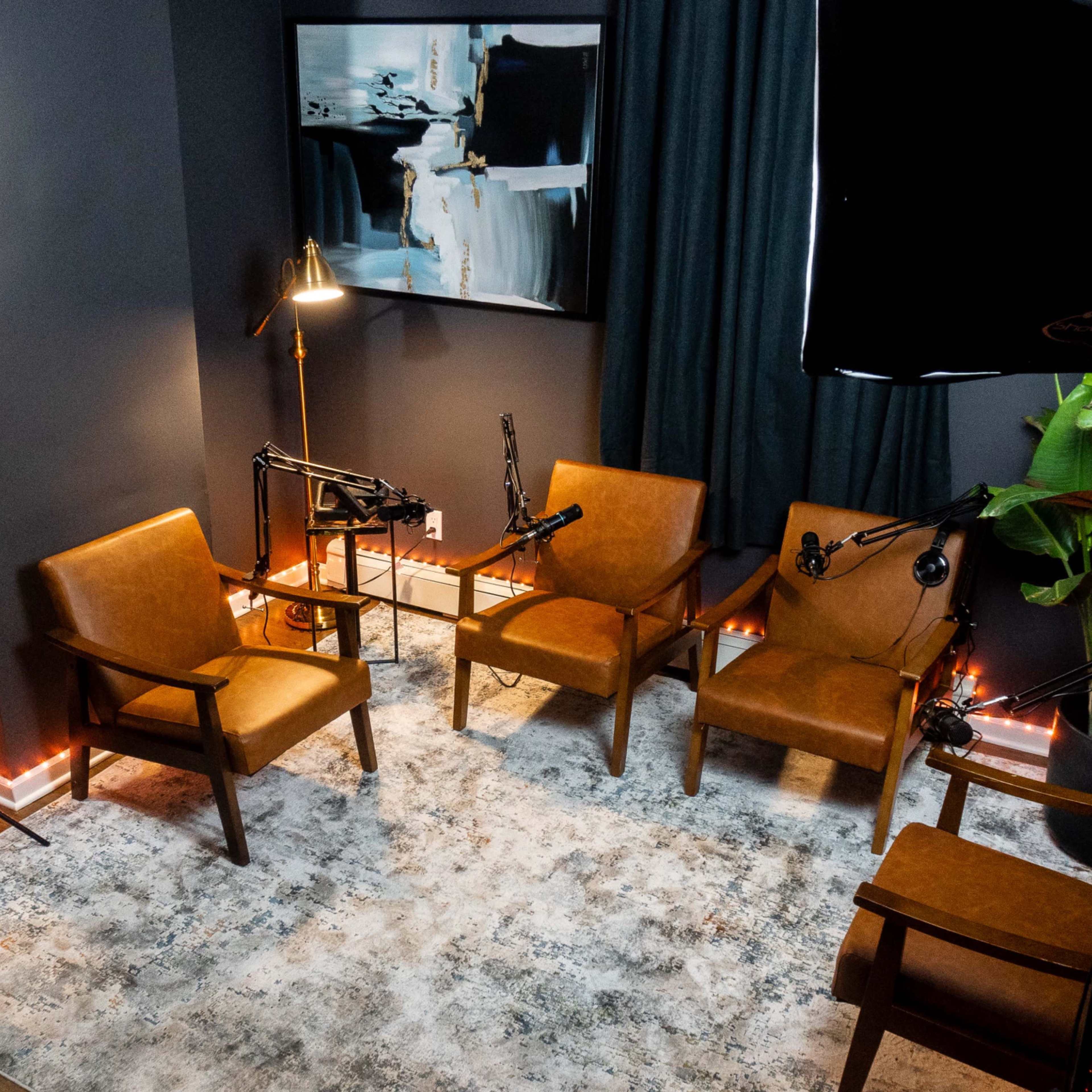 A well-lit interview setup features four brown chairs arranged around a rug, with microphones and a potted plant nearby.