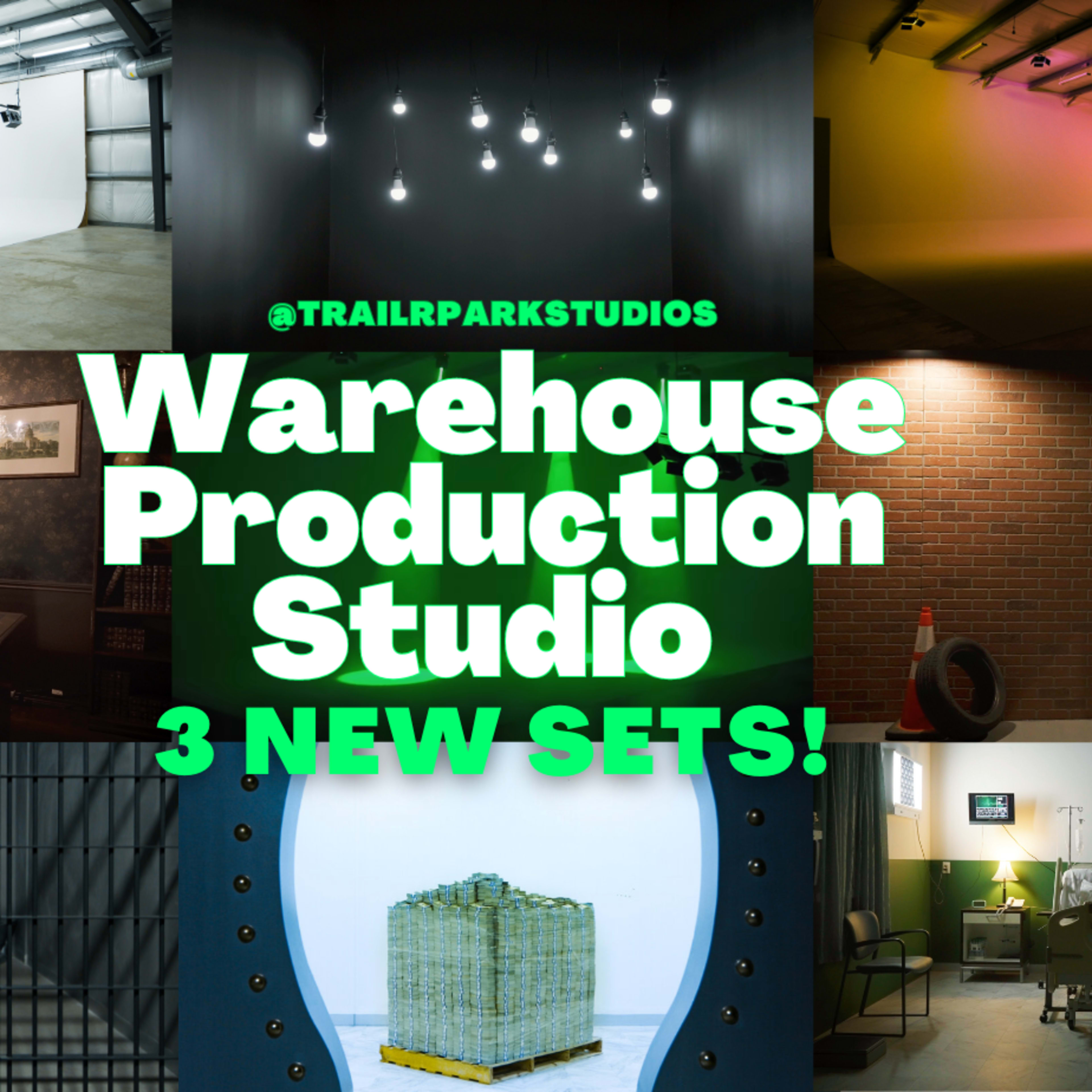 A promotional graphic featuring various production studio sets with a focus on three new sets available at Trail Park Studios.