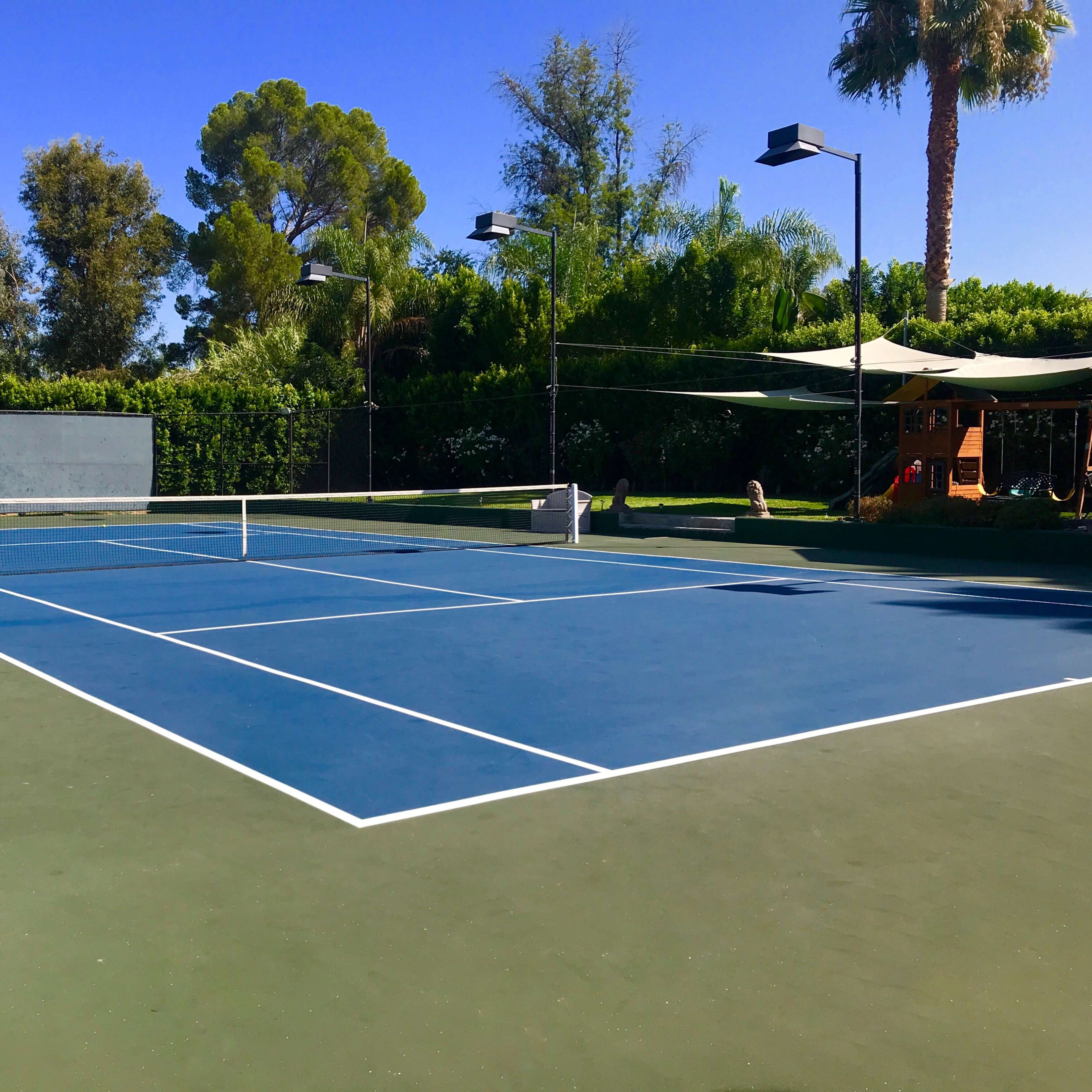 A well-maintained tennis court with blue lines and a hoop in the background, surrounded by greenery and palm trees.